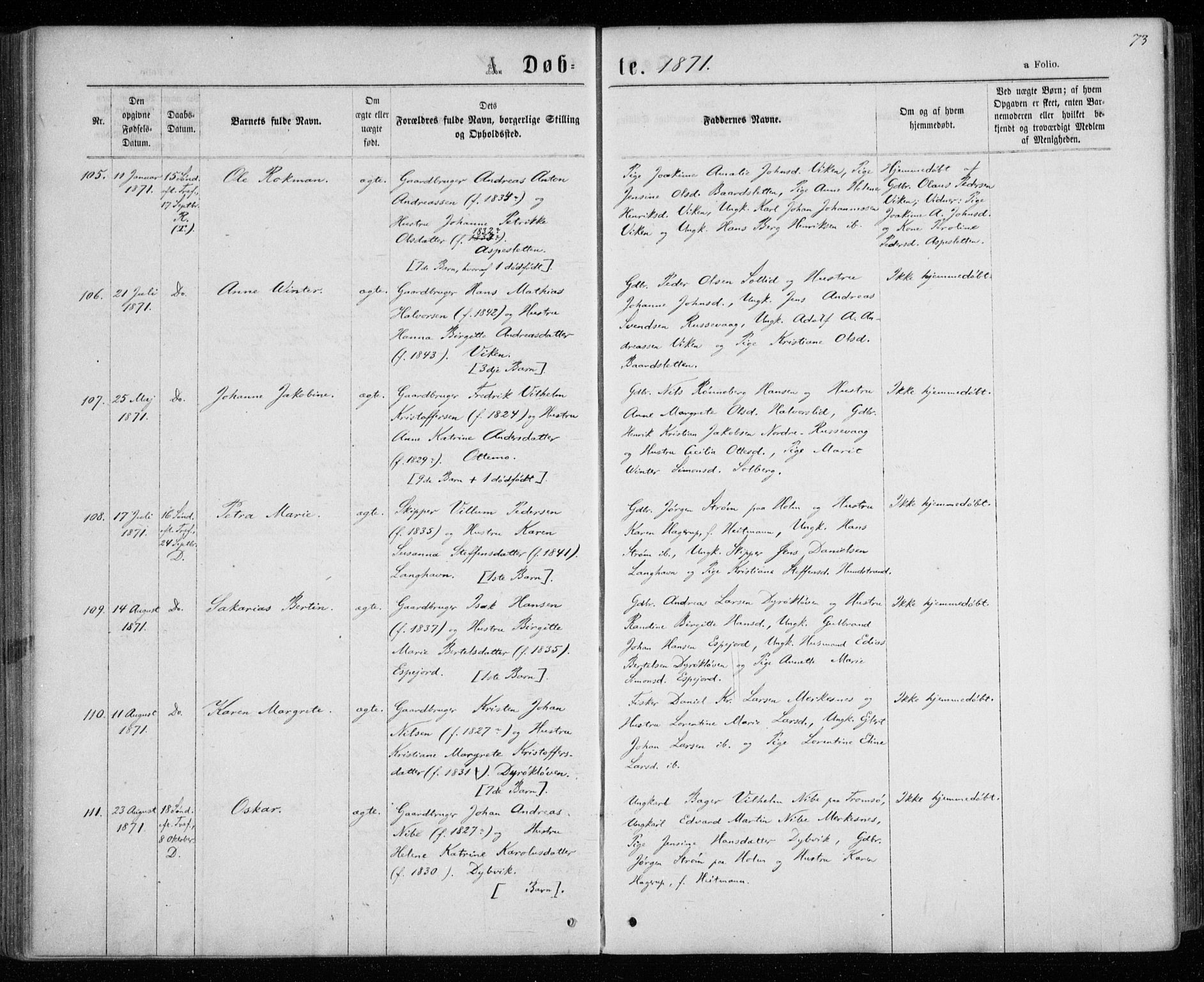 Tranøy sokneprestkontor, AV/SATØ-S-1313/I/Ia/Iaa/L0008kirke: Parish register (official) no. 8, 1867-1877, p. 73