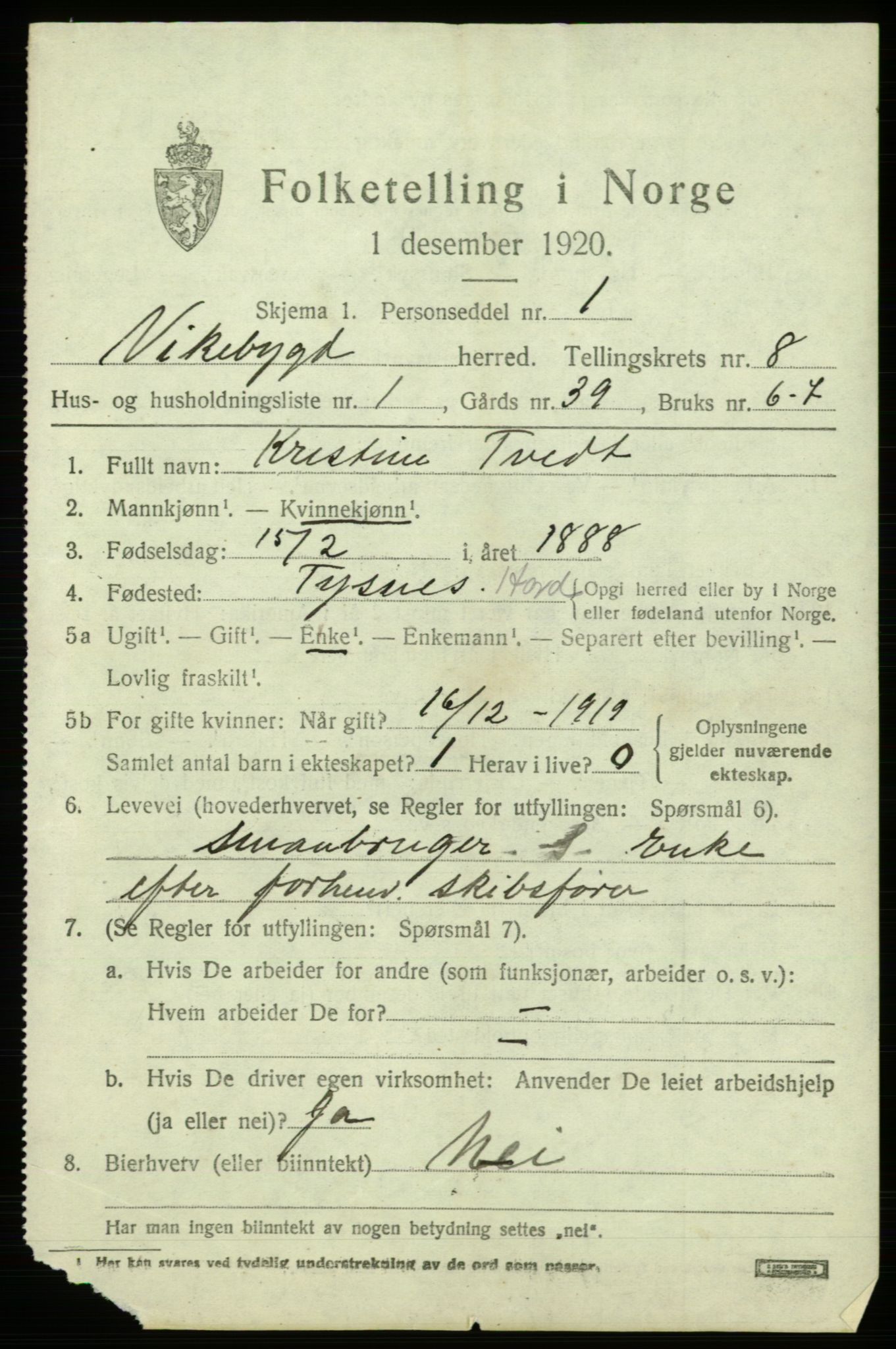 SAB, 1920 census for Vikebygd, 1920, p. 2661