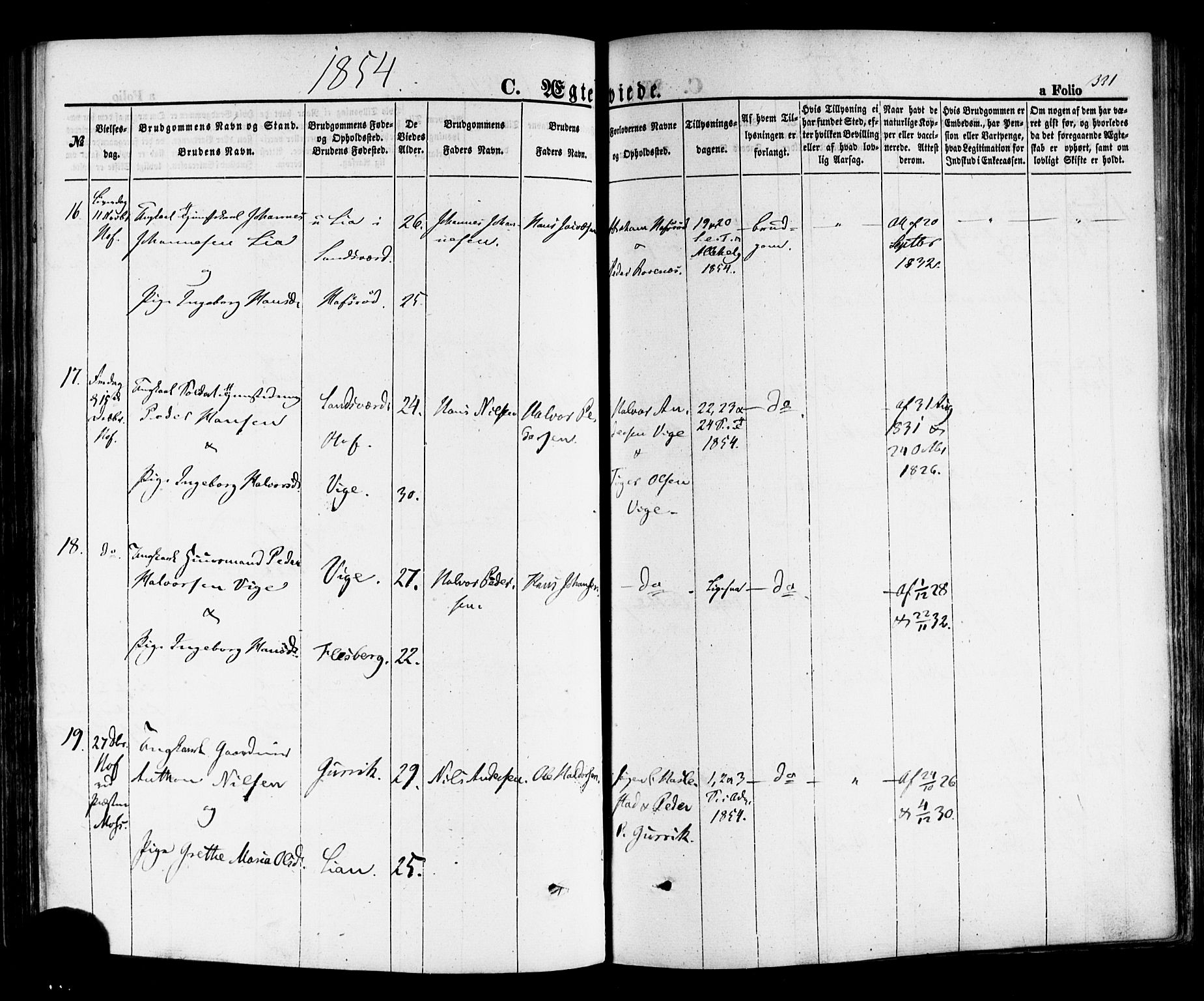 Hof kirkebøker, AV/SAKO-A-64/F/Fa/L0006: Parish register (official) no. I 6, 1851-1877, p. 331