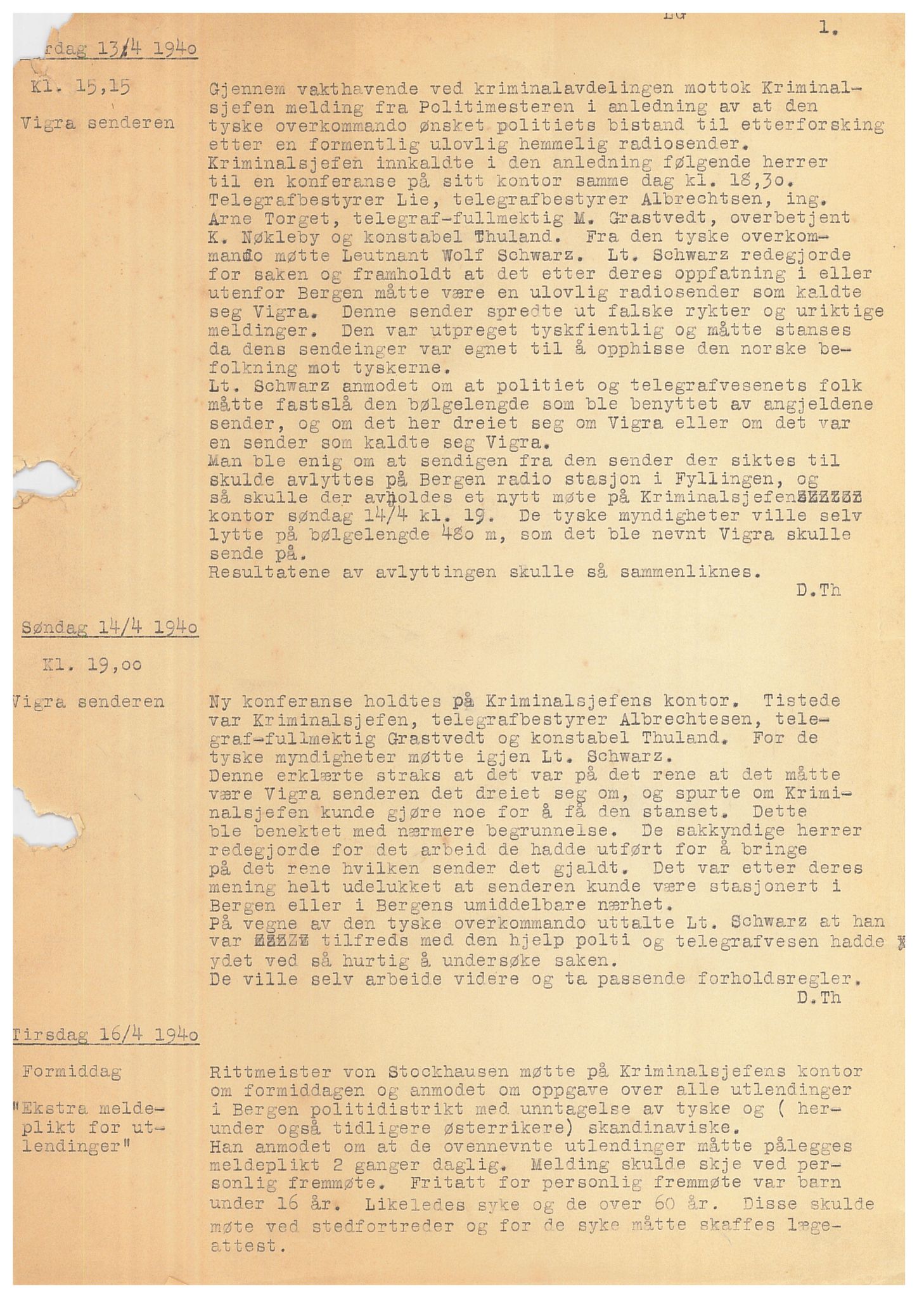 Bergen politikammer / politidistrikt, SAB/A-60401/Y/Ye/L0001: Avskrift av krigsdagbok av Dankert Thuland, 1940-1941, p. 1