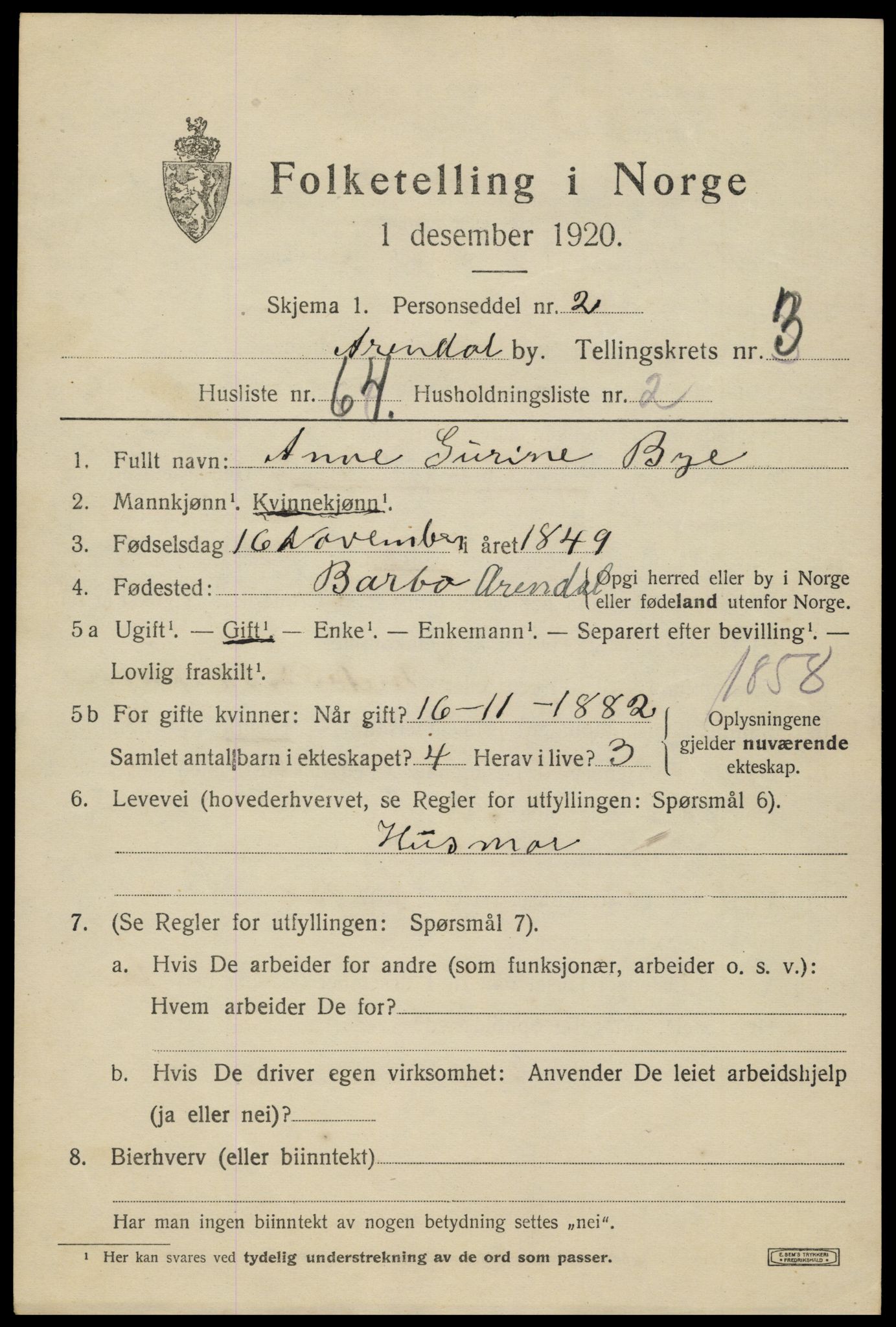 SAK, 1920 census for Arendal, 1920, p. 11606