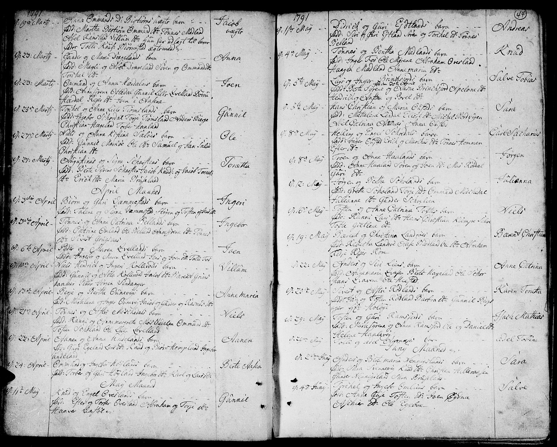 Lyngdal sokneprestkontor, SAK/1111-0029/F/Fa/Fac/L0004: Parish register (official) no. A 4, 1780-1815, p. 44