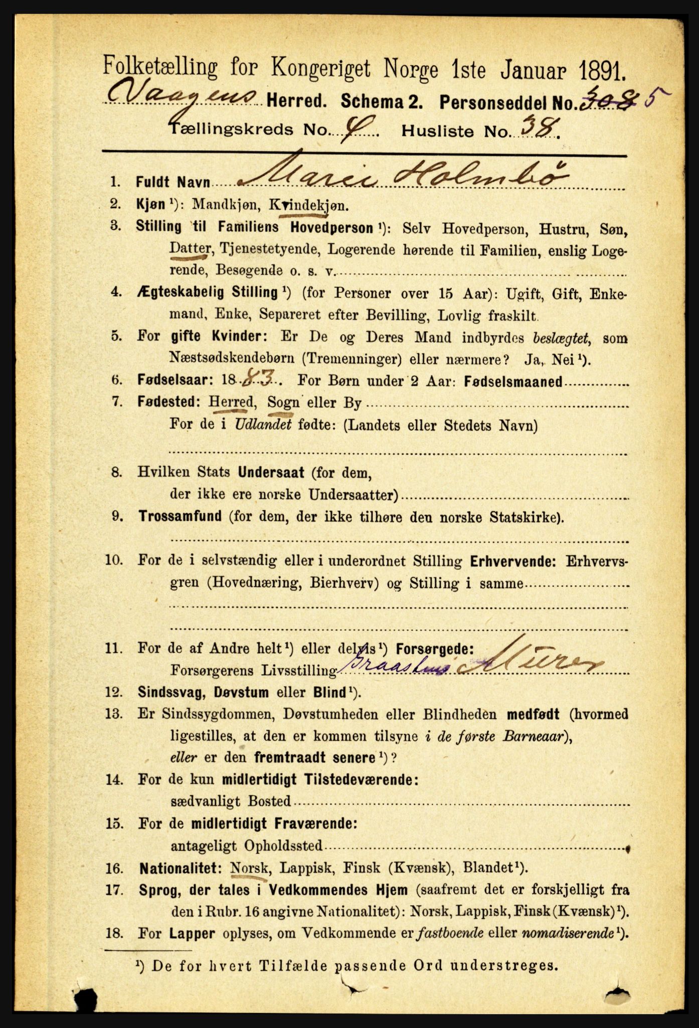 RA, 1891 census for 1865 Vågan, 1891, p. 1248