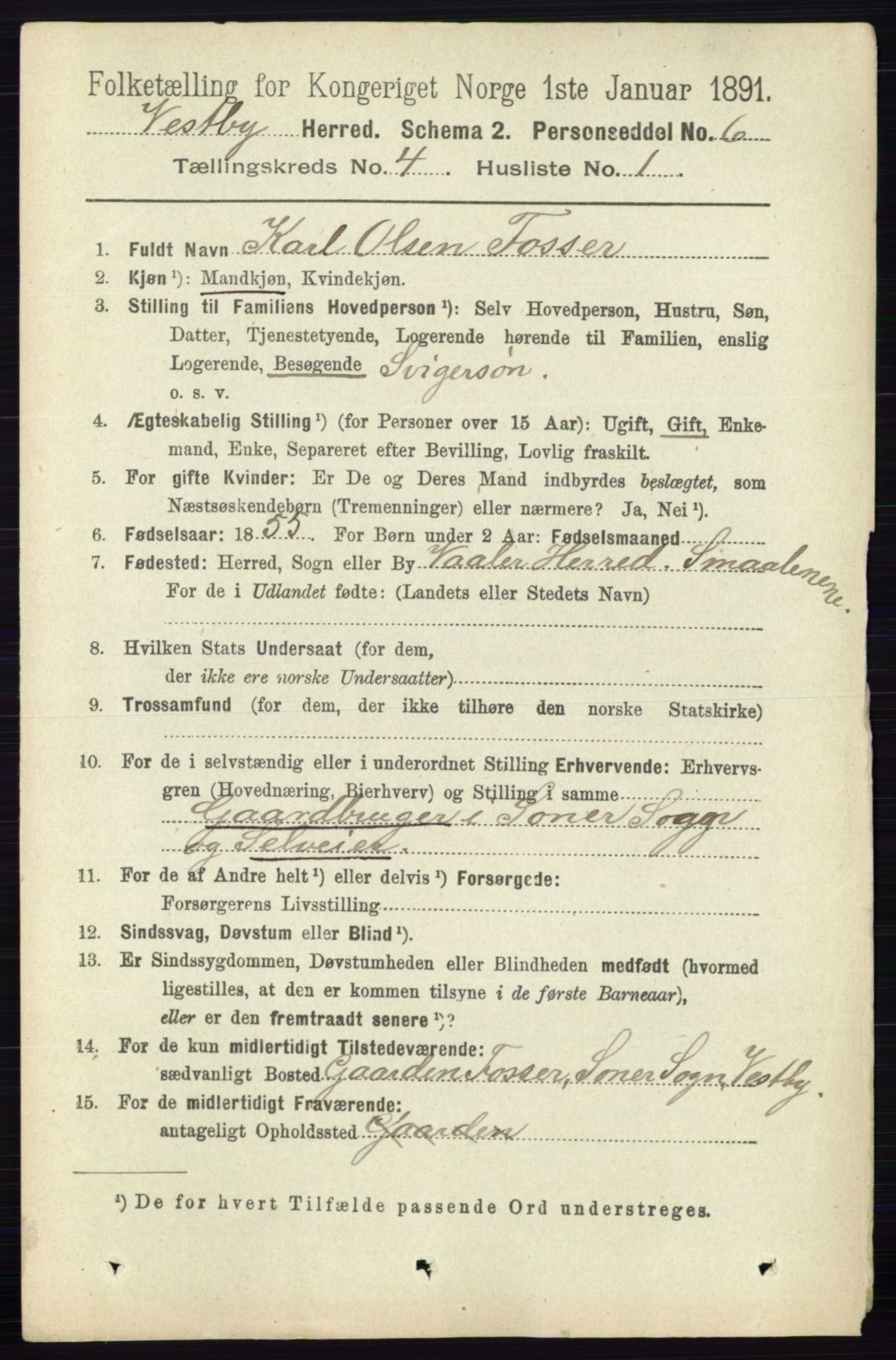 RA, 1891 census for 0211 Vestby, 1891, p. 1582