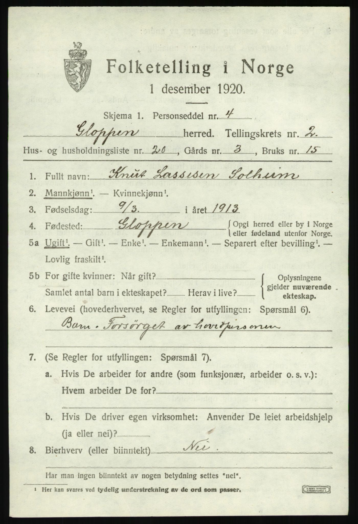 SAB, 1920 census for Gloppen, 1920, p. 1470