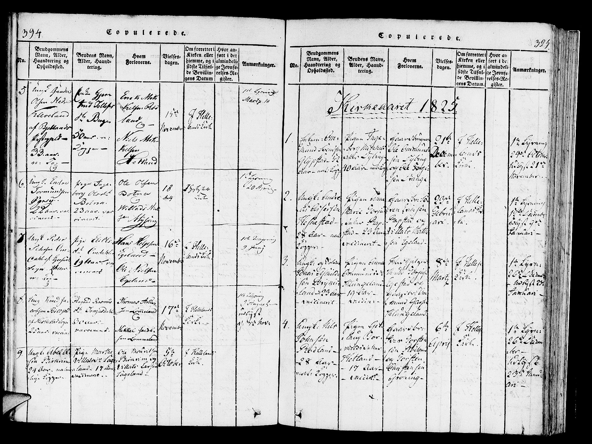 Helleland sokneprestkontor, AV/SAST-A-101810: Parish register (official) no. A 4, 1815-1834, p. 394-395