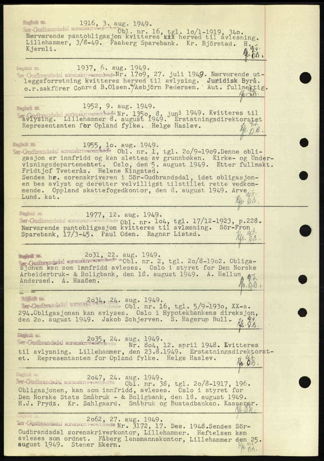 Sør-Gudbrandsdal tingrett, SAH/TING-004/H/Hb/Hbf/L0002: Mortgage book no. C1, 1938-1951, Diary no: : 1916/1949