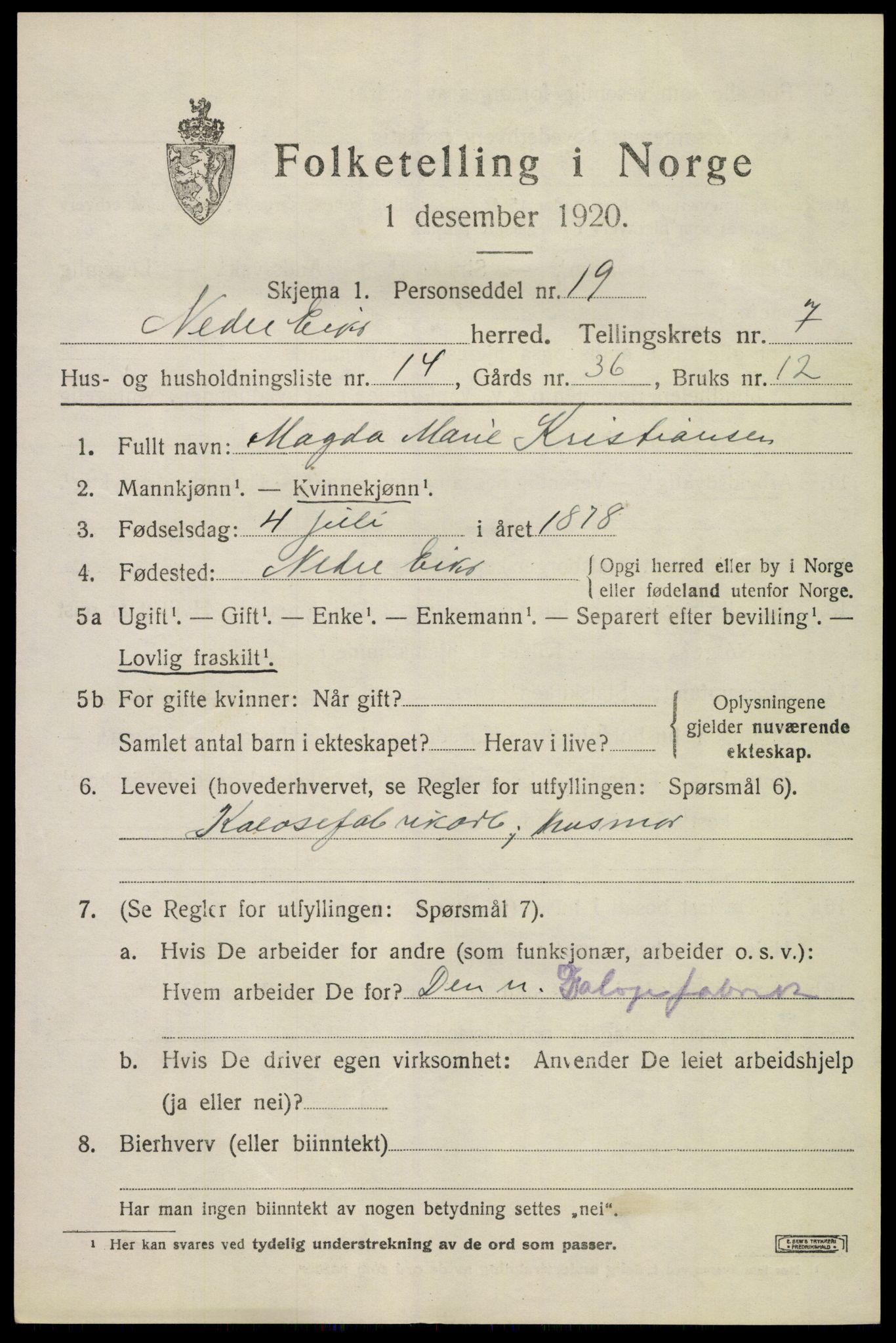 SAKO, 1920 census for Nedre Eiker, 1920, p. 7603