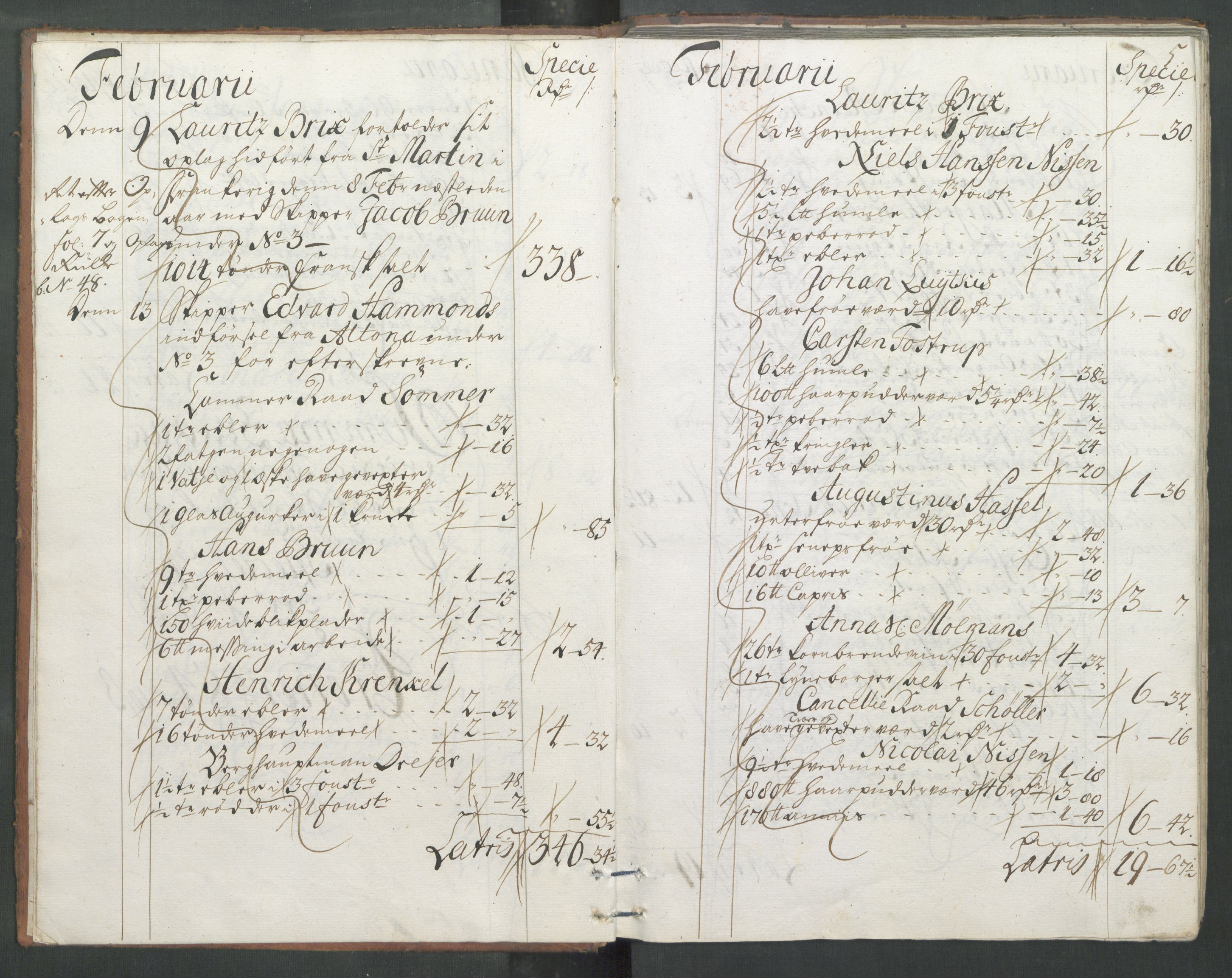 Generaltollkammeret, tollregnskaper, RA/EA-5490/R33/L0013/0001: Tollregnskaper Trondheim A / Inngående tollbok, 1731, p. 4b-5a