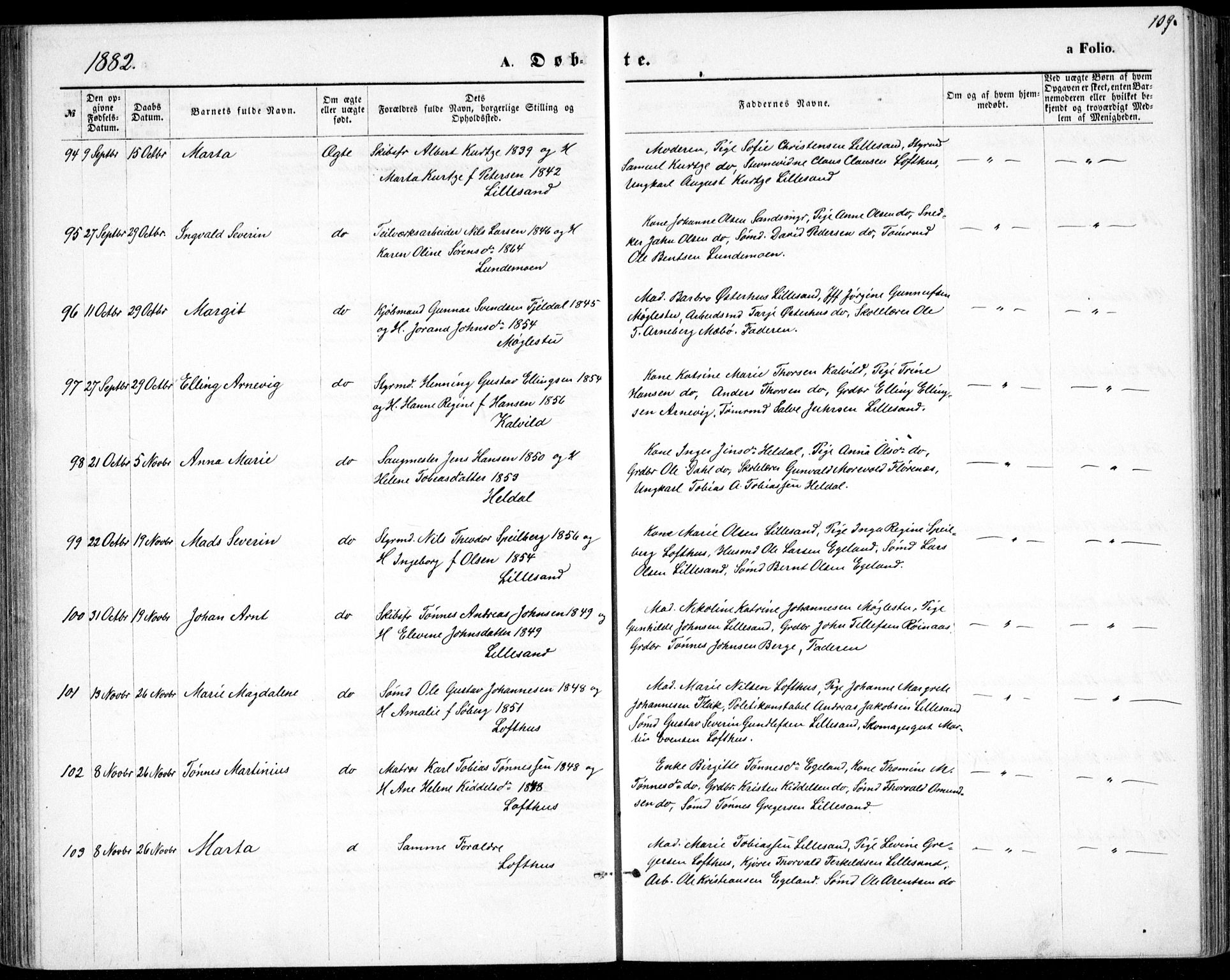 Vestre Moland sokneprestkontor, SAK/1111-0046/F/Fb/Fbb/L0005: Parish register (copy) no. B 5, 1872-1883, p. 109