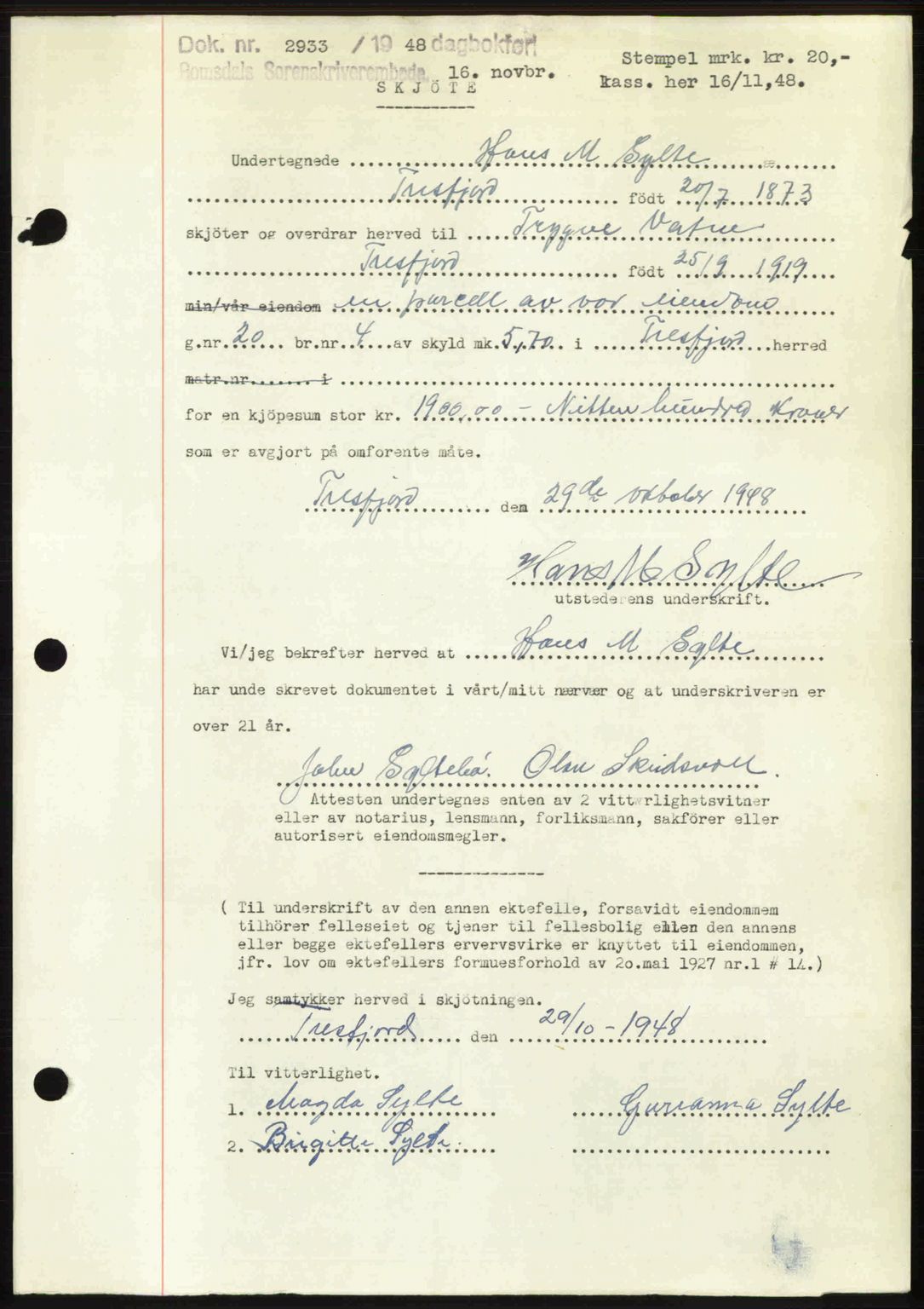 Romsdal sorenskriveri, AV/SAT-A-4149/1/2/2C: Mortgage book no. A27, 1948-1948, Diary no: : 2933/1948