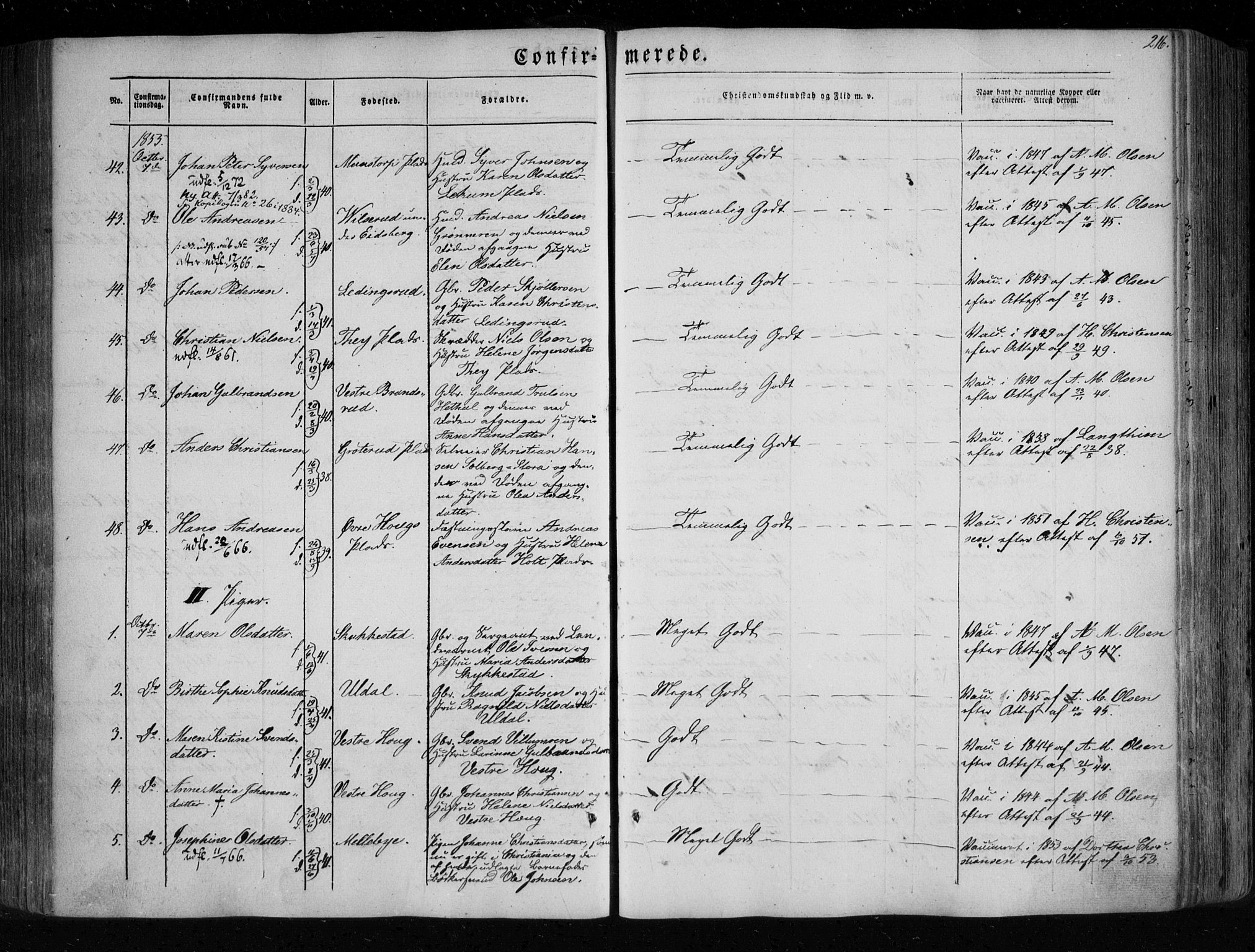Eidsberg prestekontor Kirkebøker, SAO/A-10905/F/Fa/L0009: Parish register (official) no. I 9, 1849-1856, p. 216