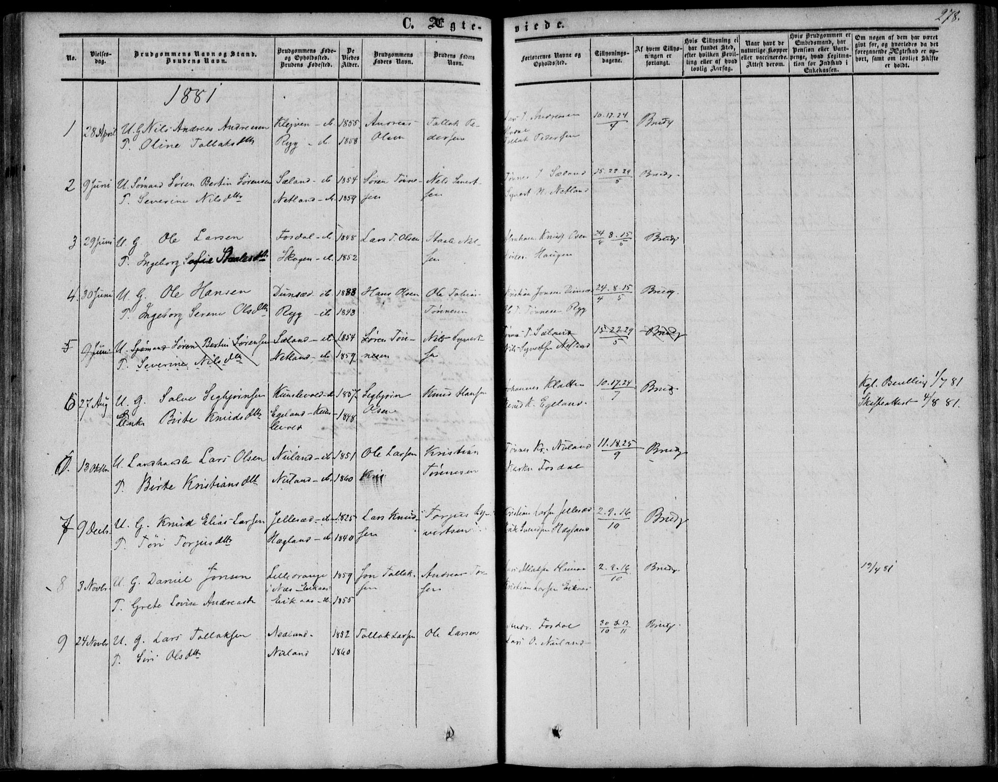 Bakke sokneprestkontor, SAK/1111-0002/F/Fa/Fab/L0002: Parish register (official) no. A 2, 1855-1884, p. 278