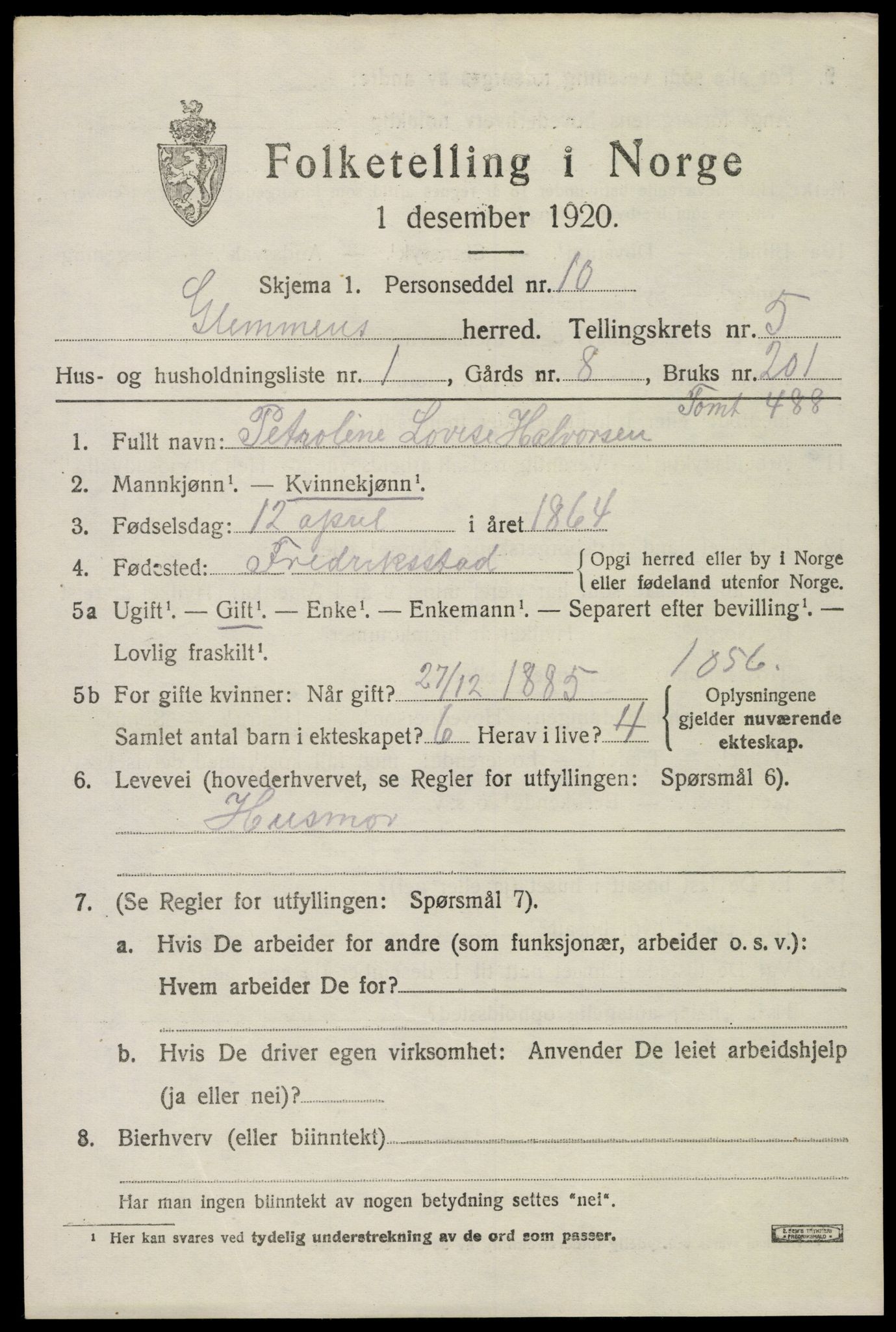 SAO, 1920 census for Glemmen, 1920, p. 16735