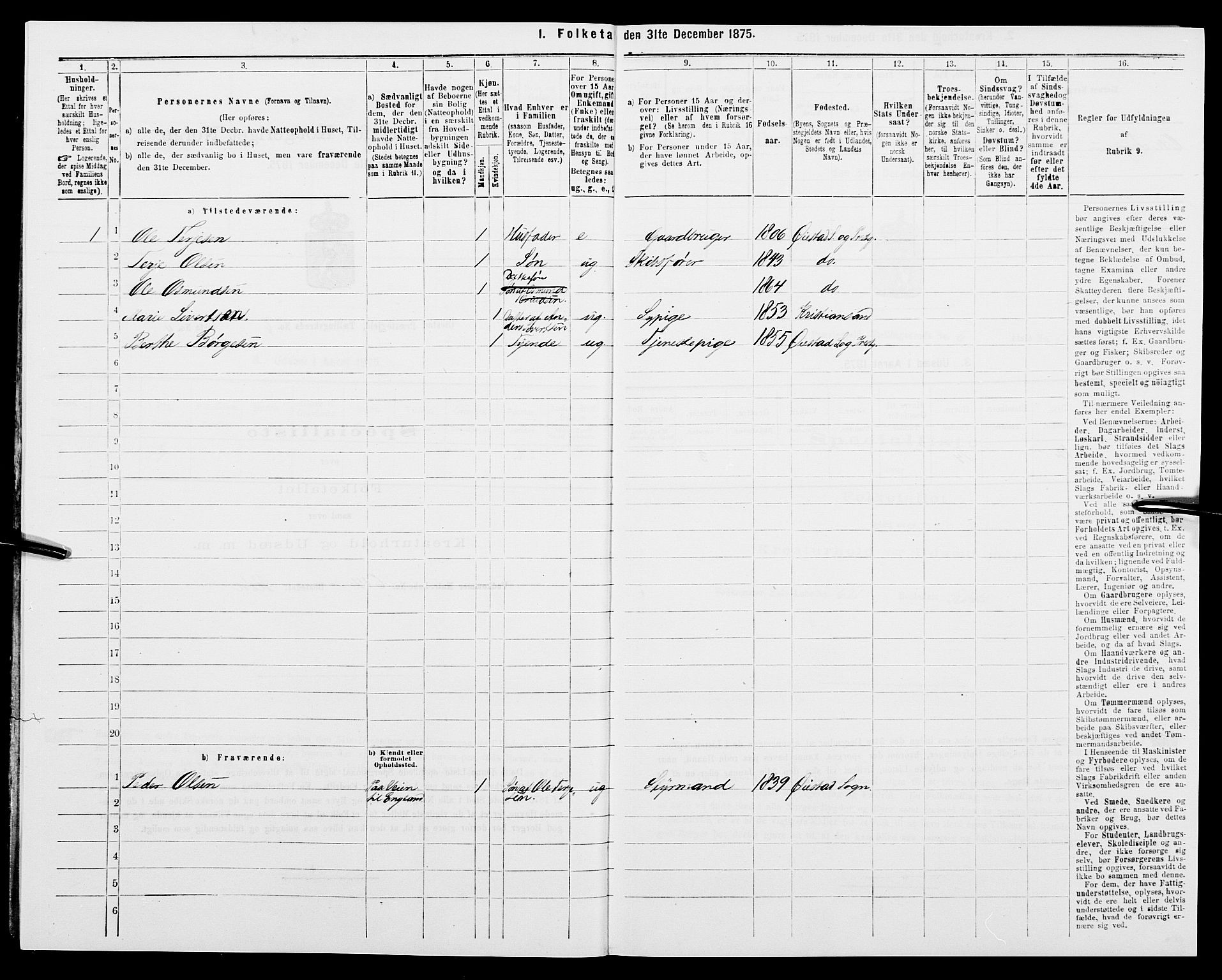 SAK, 1875 census for 0920P Øyestad, 1875, p. 702