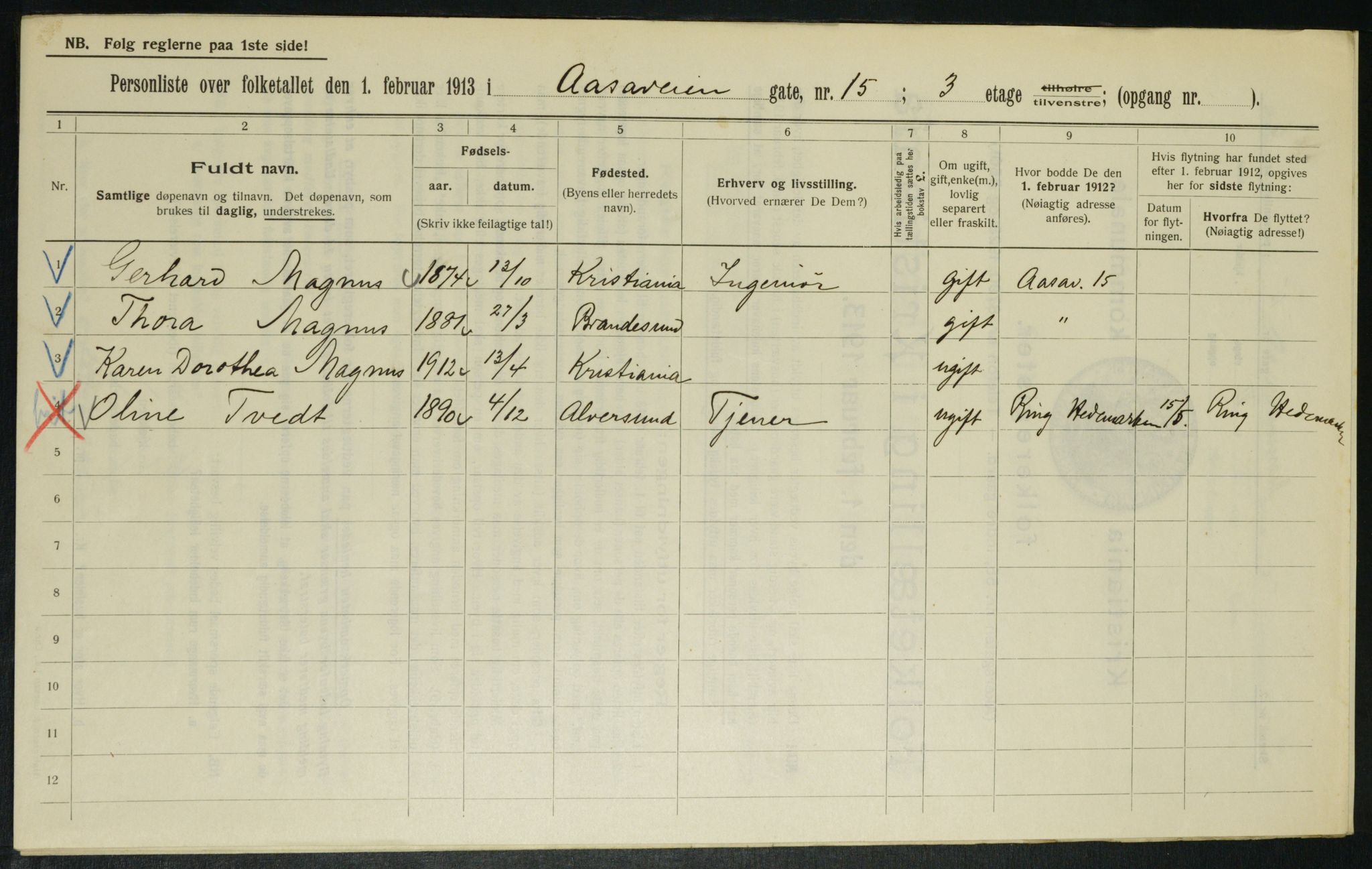 OBA, Municipal Census 1913 for Kristiania, 1913, p. 130956