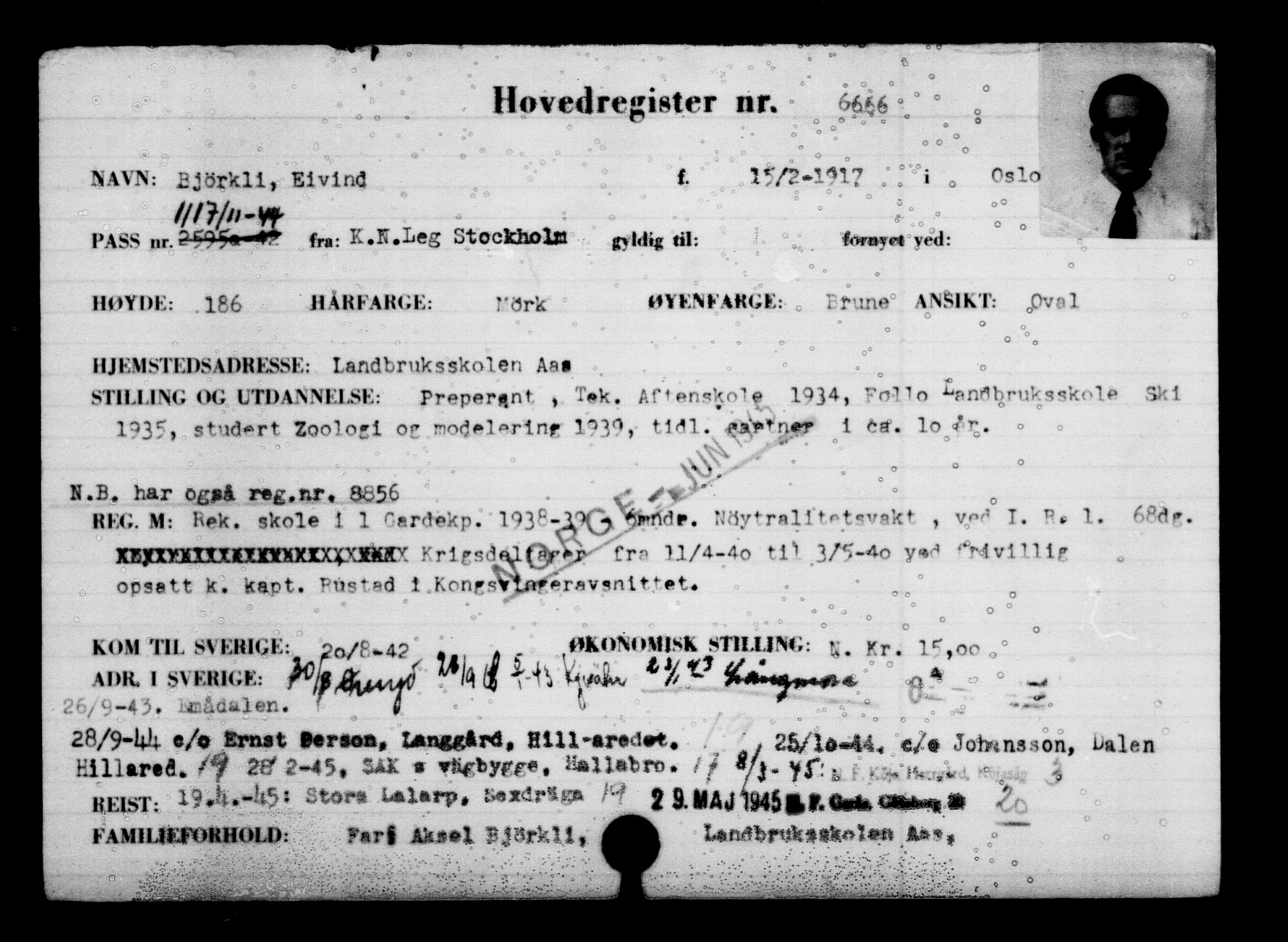 Utenriksstasjonene, Legasjonen i Stockholm, Flyktningkontoret, AV/RA-S-6753/V/Va/L0005: Kjesäterkartoteket, flyktninger med registreringsnr. 6600-9417, 1940-1945, p. 78