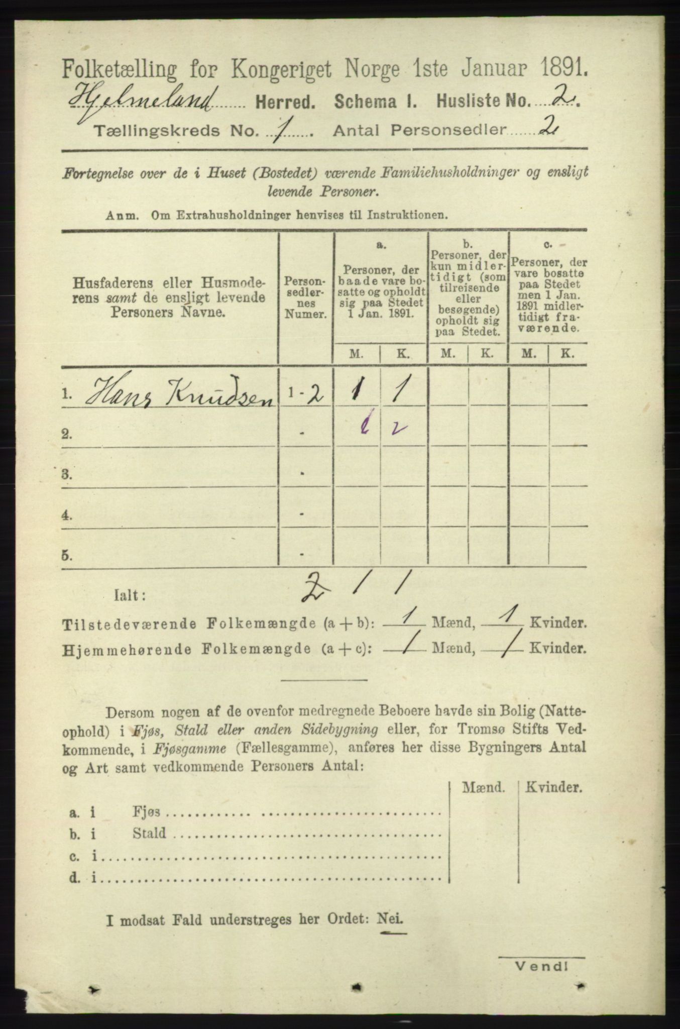 RA, 1891 census for 1133 Hjelmeland, 1891, p. 24