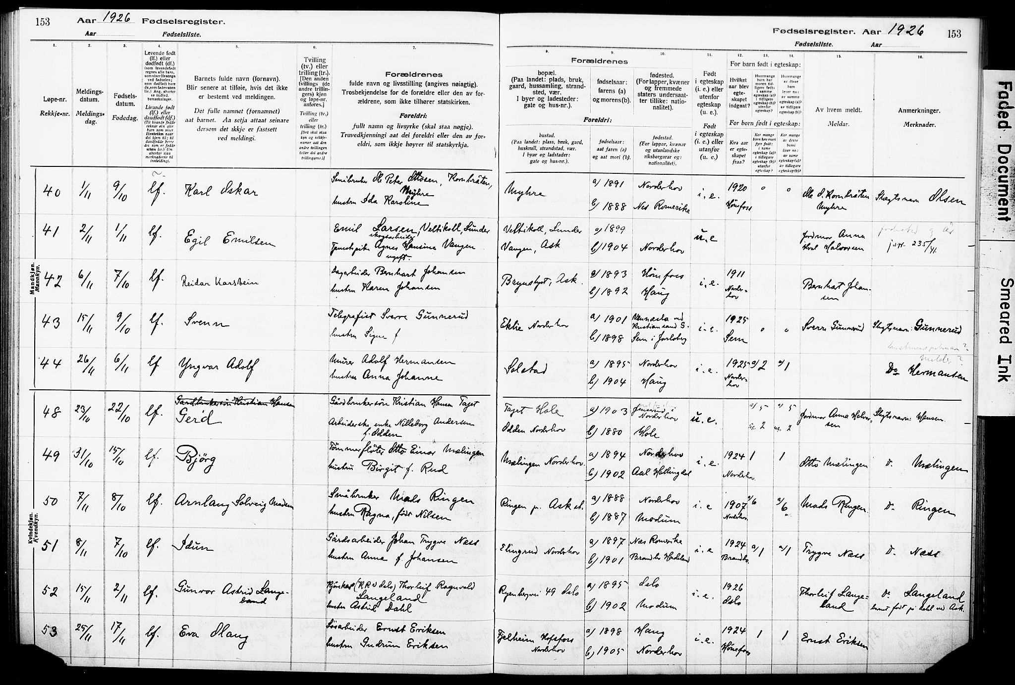 Norderhov kirkebøker, AV/SAKO-A-237/J/Ja/L0001: Birth register no. 1, 1916-1930, p. 153