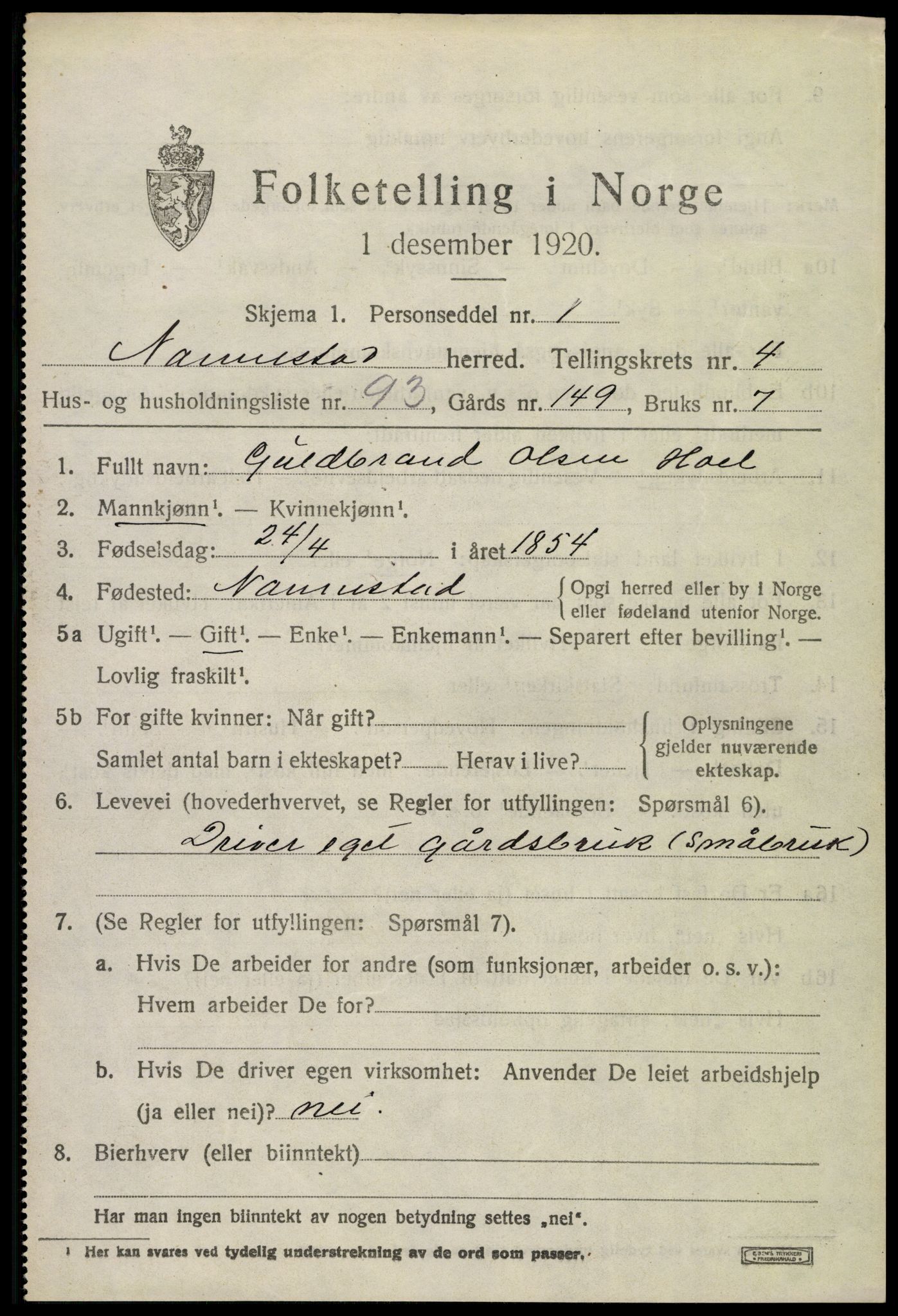 SAO, 1920 census for Nannestad, 1920, p. 6027