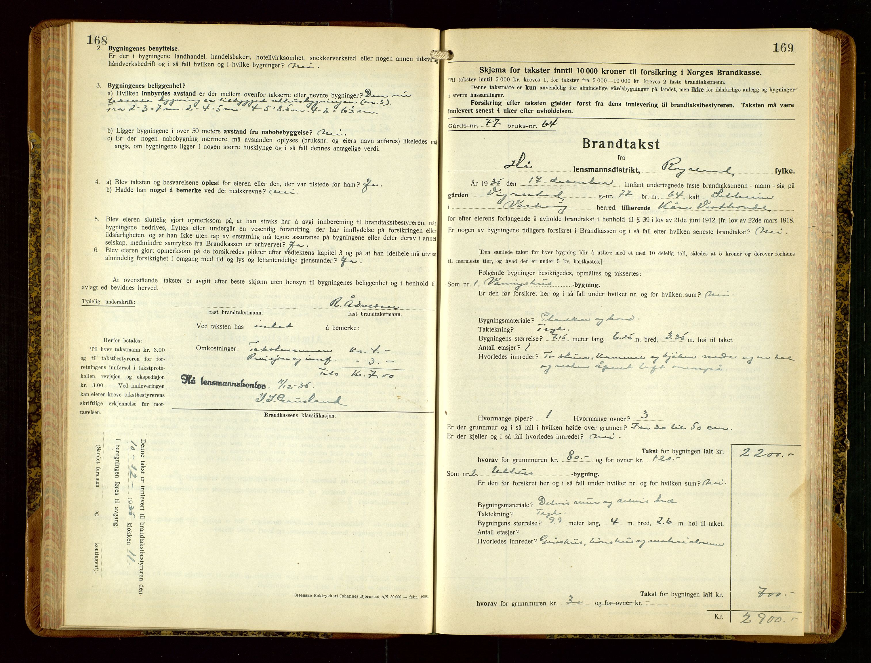 Hå lensmannskontor, SAST/A-100456/Goa/L0006: Takstprotokoll (skjema), 1932-1938, p. 168-169