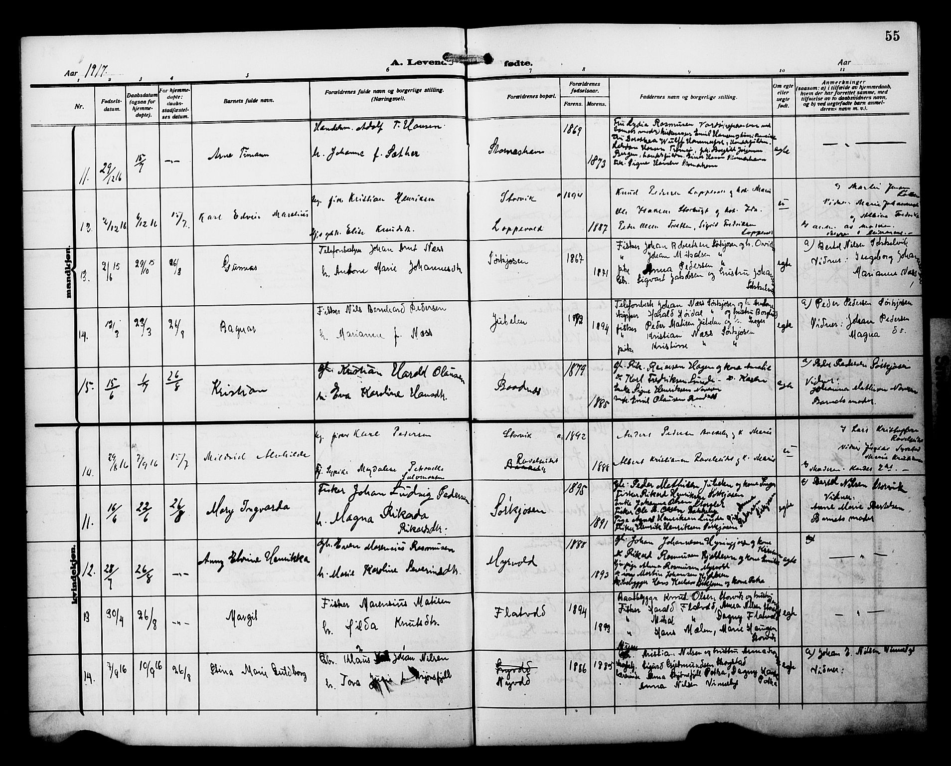 Skjervøy sokneprestkontor, AV/SATØ-S-1300/H/Ha/Hab/L0022klokker: Parish register (copy) no. 22, 1910-1926, p. 55