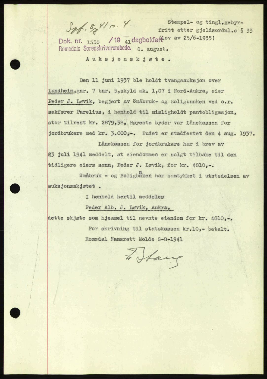 Romsdal sorenskriveri, AV/SAT-A-4149/1/2/2C: Mortgage book no. A10, 1941-1941, Diary no: : 1350/1941