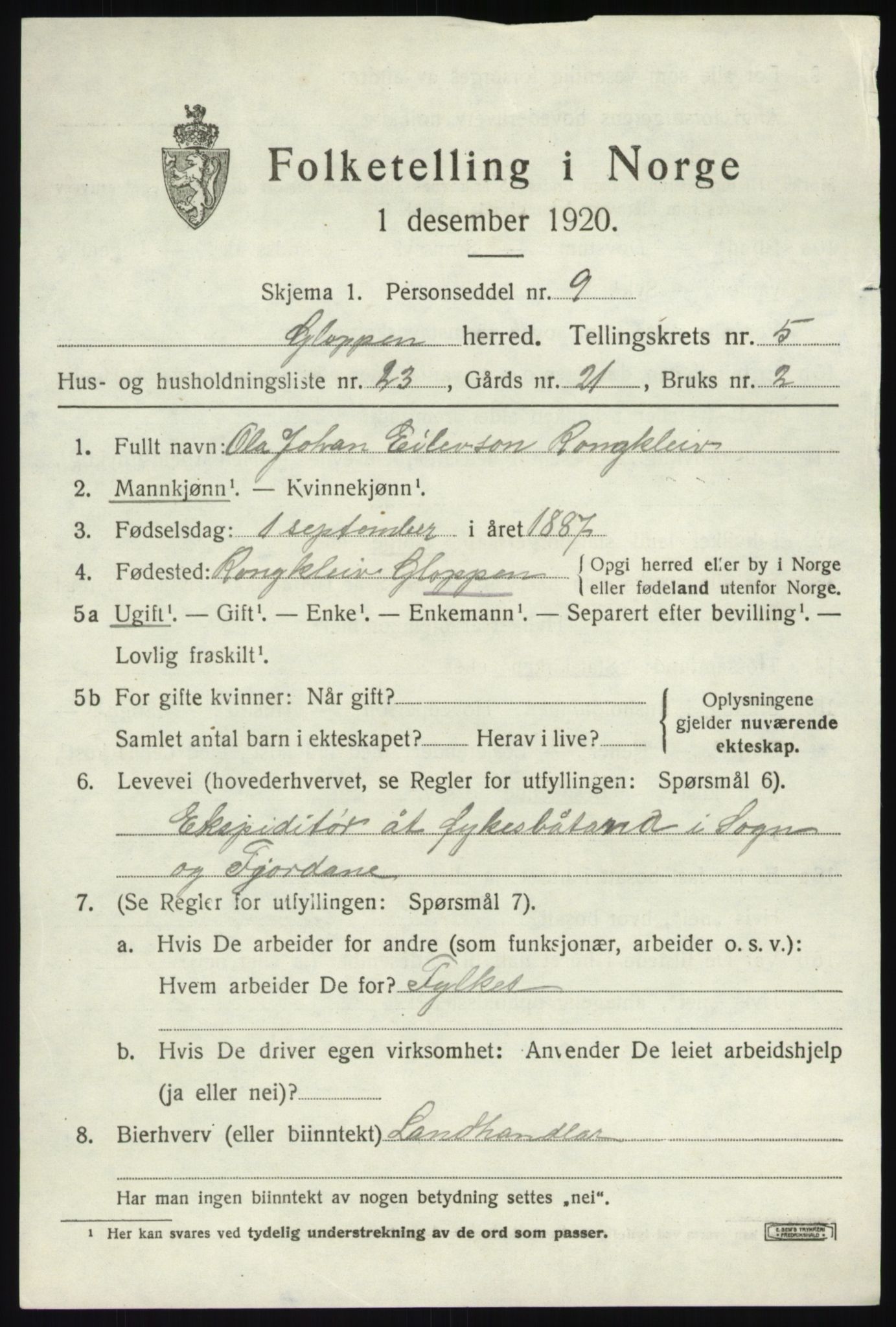 SAB, 1920 census for Gloppen, 1920, p. 3706