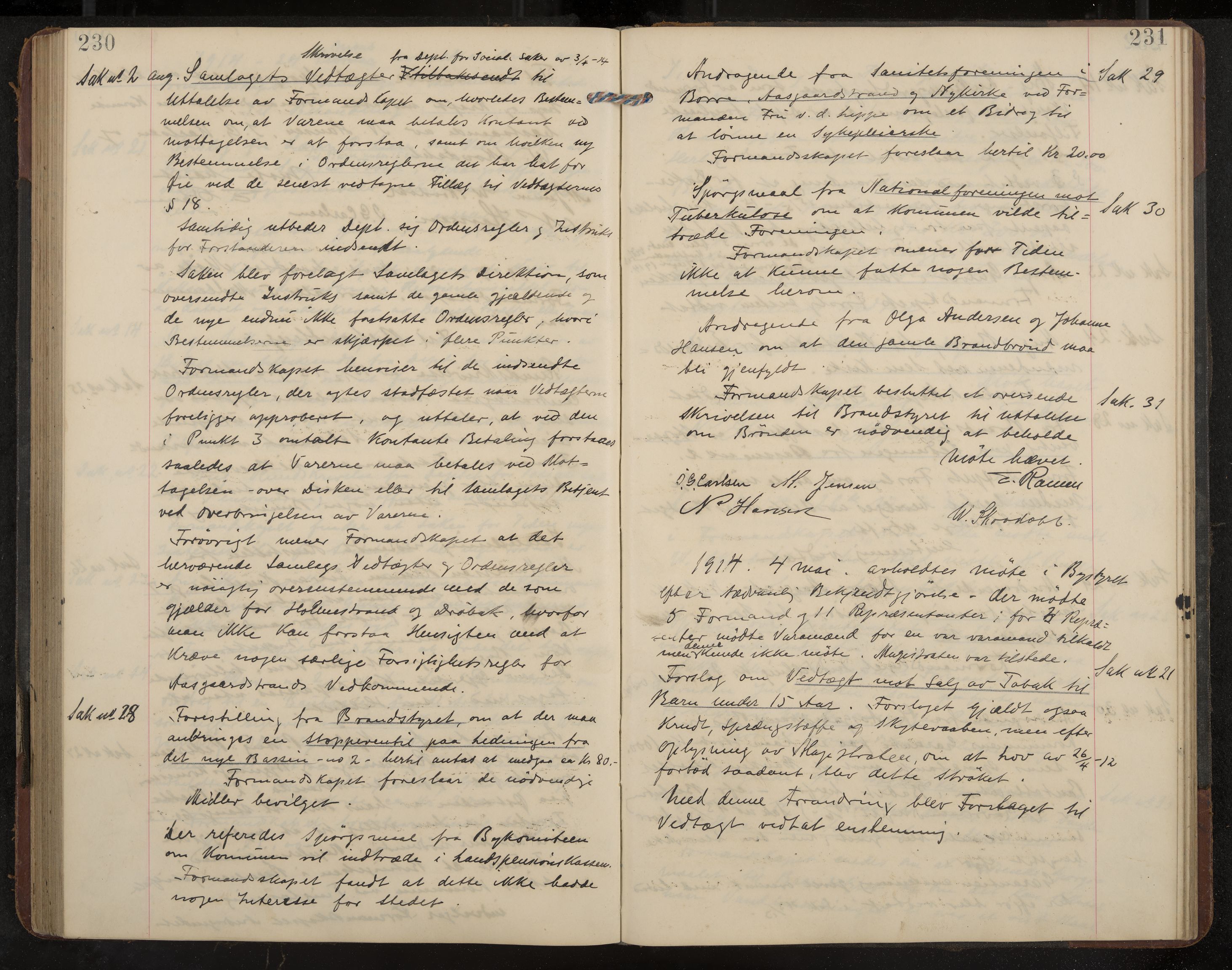 Åsgårdstrand formannskap og sentraladministrasjon, IKAK/0704021/A/L0004: Møtebok med register, 1908-1915, p. 230-231