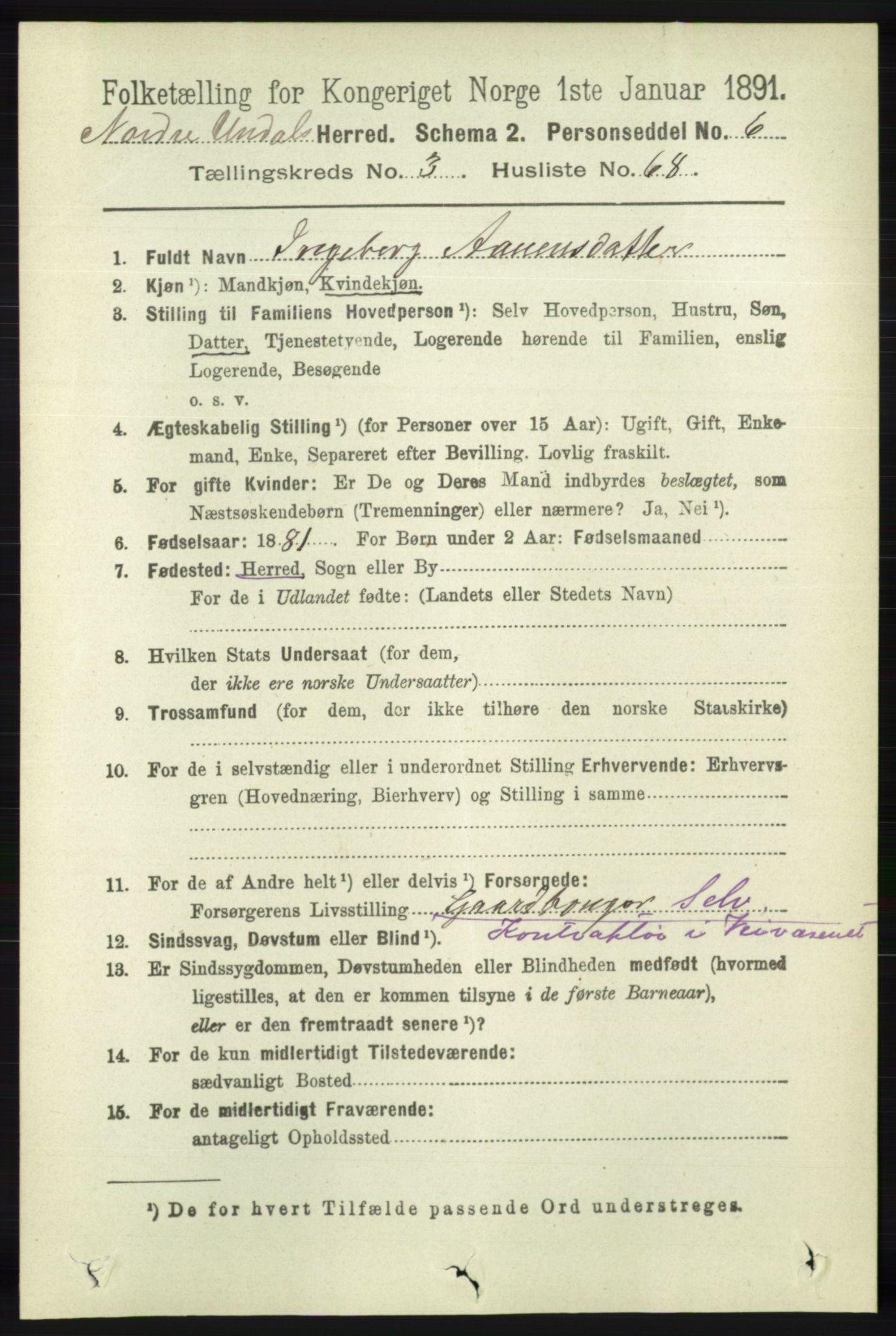 RA, 1891 census for 1028 Nord-Audnedal, 1891, p. 1075