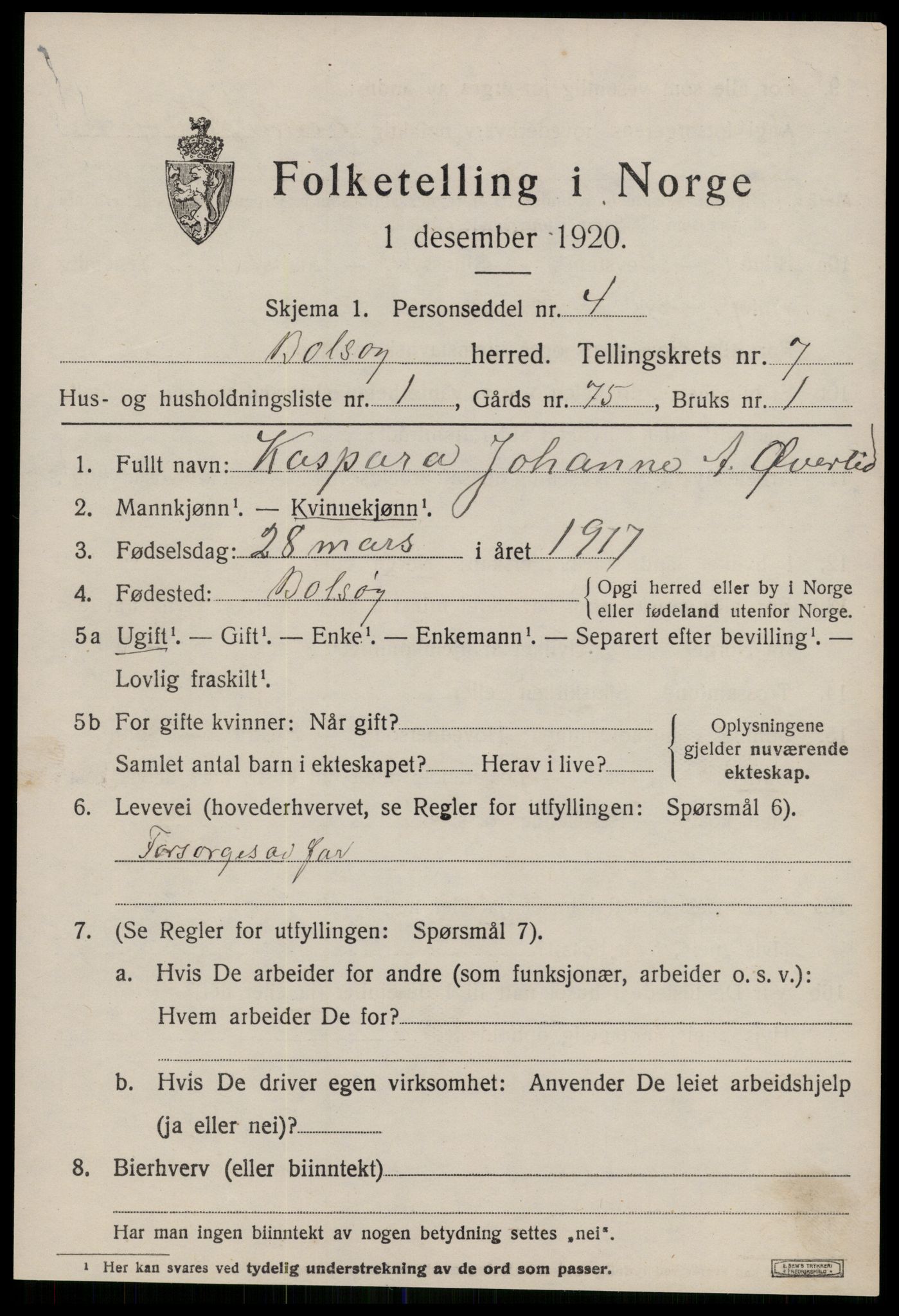 SAT, 1920 census for Bolsøy, 1920, p. 8977