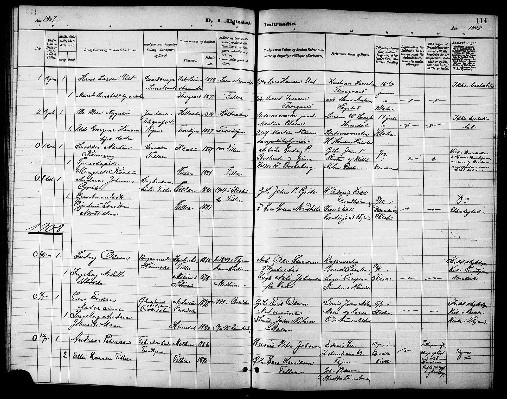 Ministerialprotokoller, klokkerbøker og fødselsregistre - Sør-Trøndelag, SAT/A-1456/621/L0460: Parish register (copy) no. 621C03, 1896-1914, p. 114