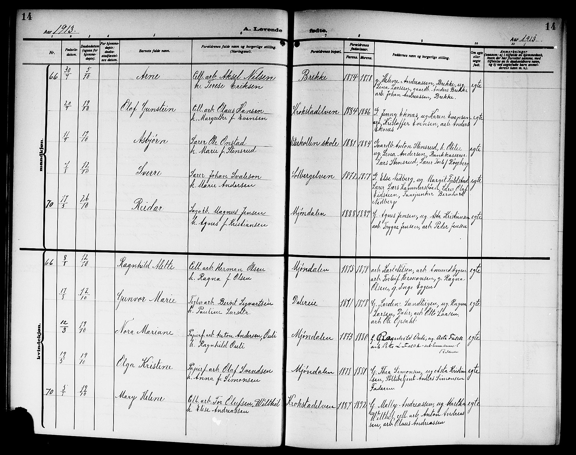 Nedre Eiker kirkebøker, AV/SAKO-A-612/G/Ga/L0005: Parish register (copy) no. 5, 1913-1921, p. 14