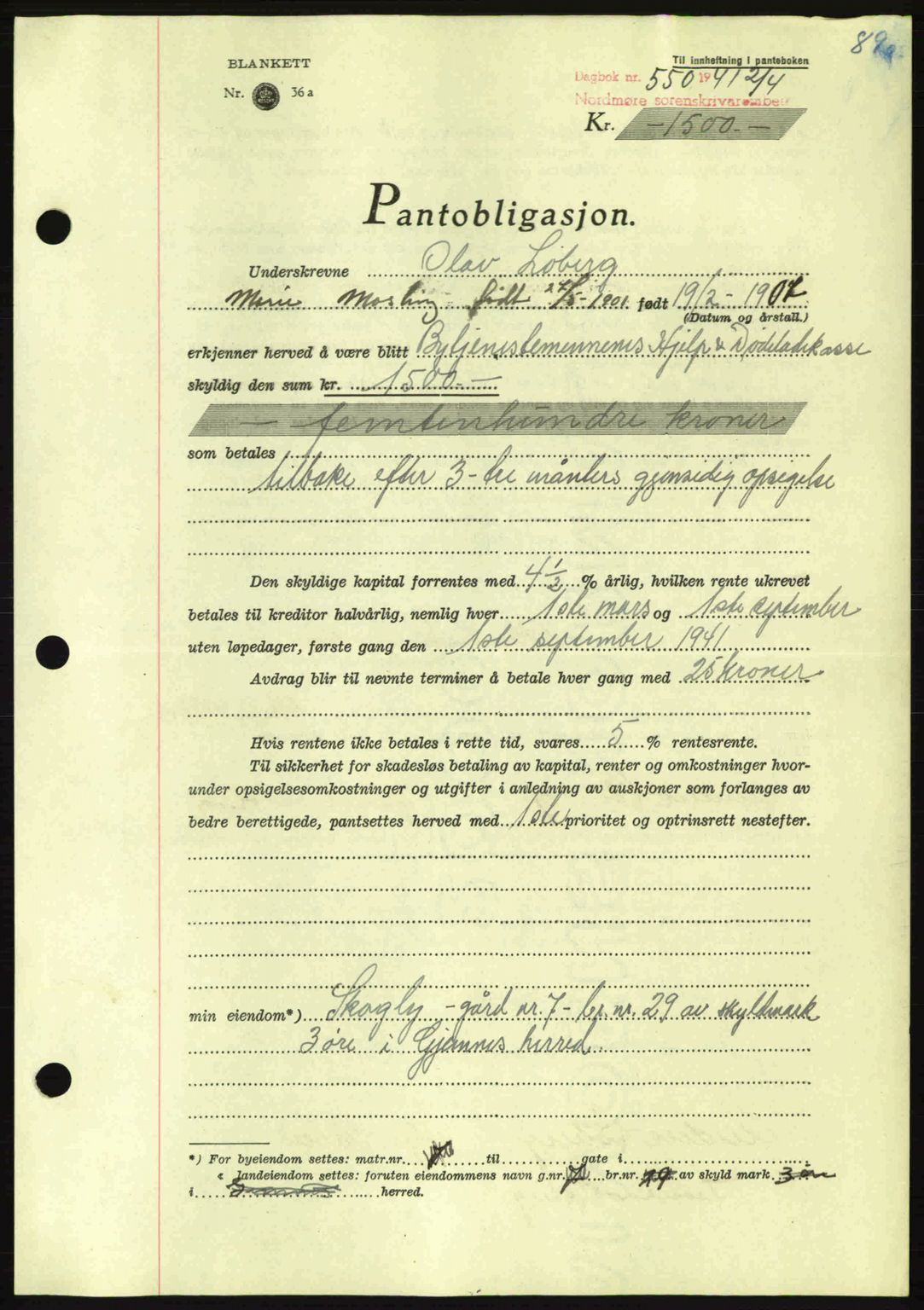 Nordmøre sorenskriveri, AV/SAT-A-4132/1/2/2Ca: Mortgage book no. B87, 1940-1941, Diary no: : 550/1941