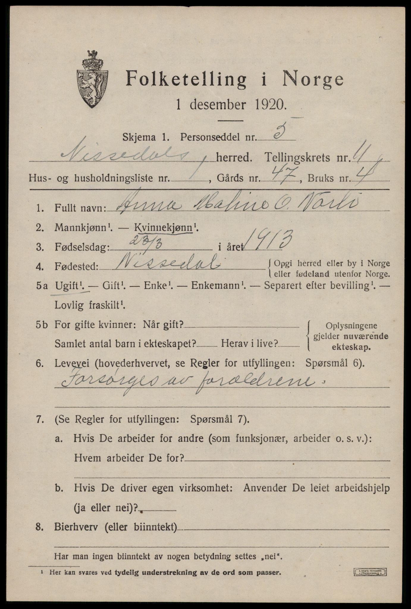 SAKO, 1920 census for Nissedal, 1920, p. 4403