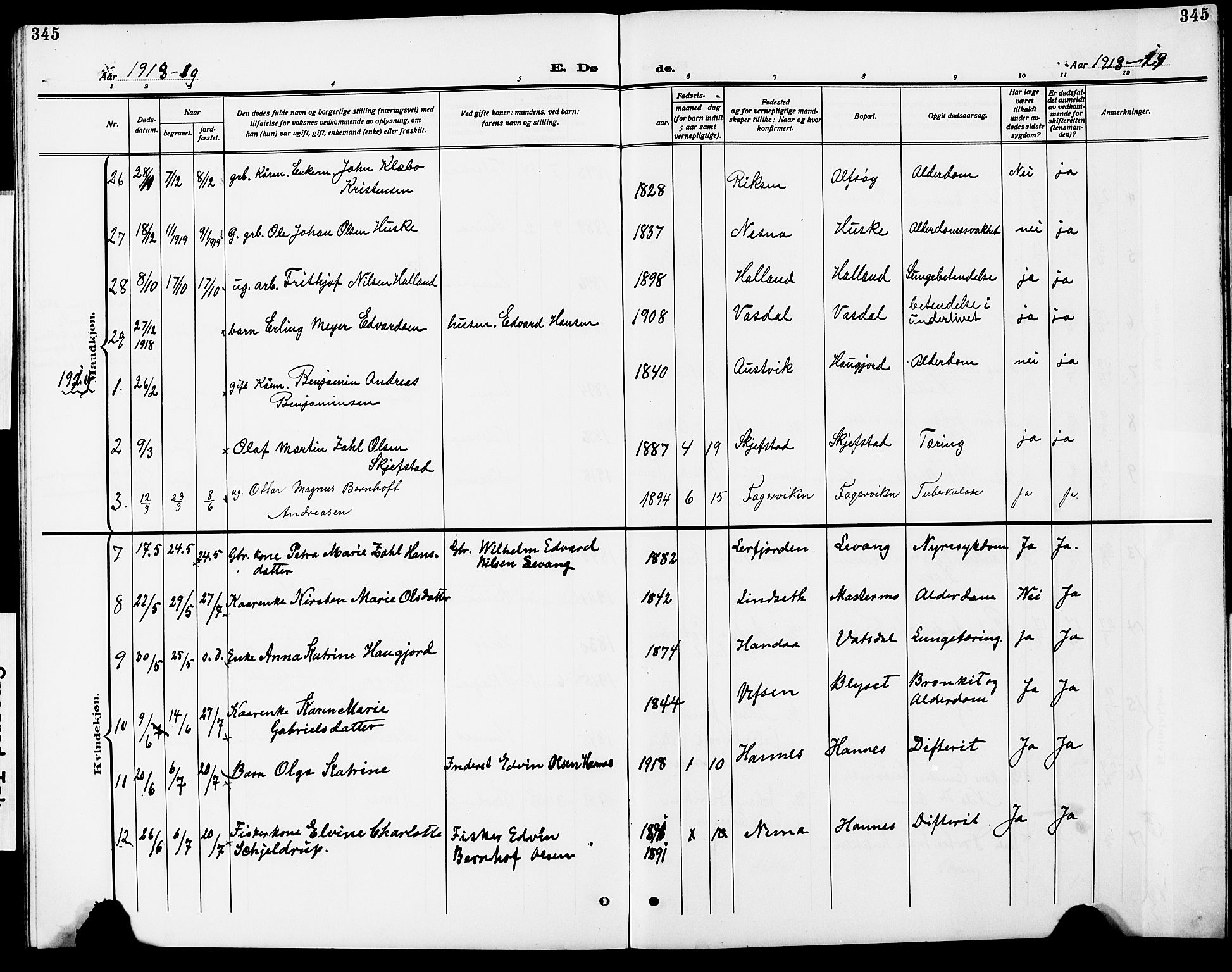 Ministerialprotokoller, klokkerbøker og fødselsregistre - Nordland, AV/SAT-A-1459/838/L0560: Parish register (copy) no. 838C07, 1910-1928, p. 345