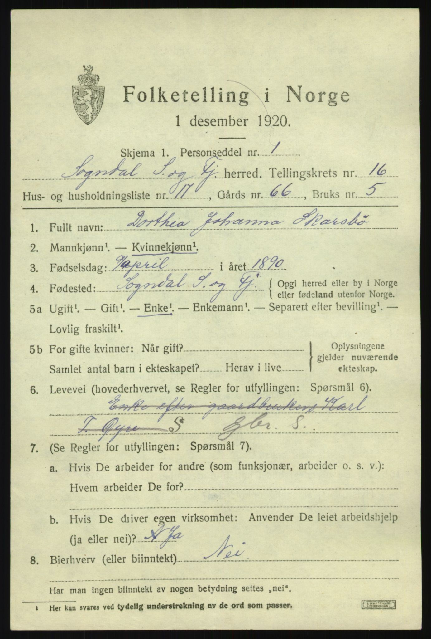 SAB, 1920 census for Sogndal, 1920, p. 6267