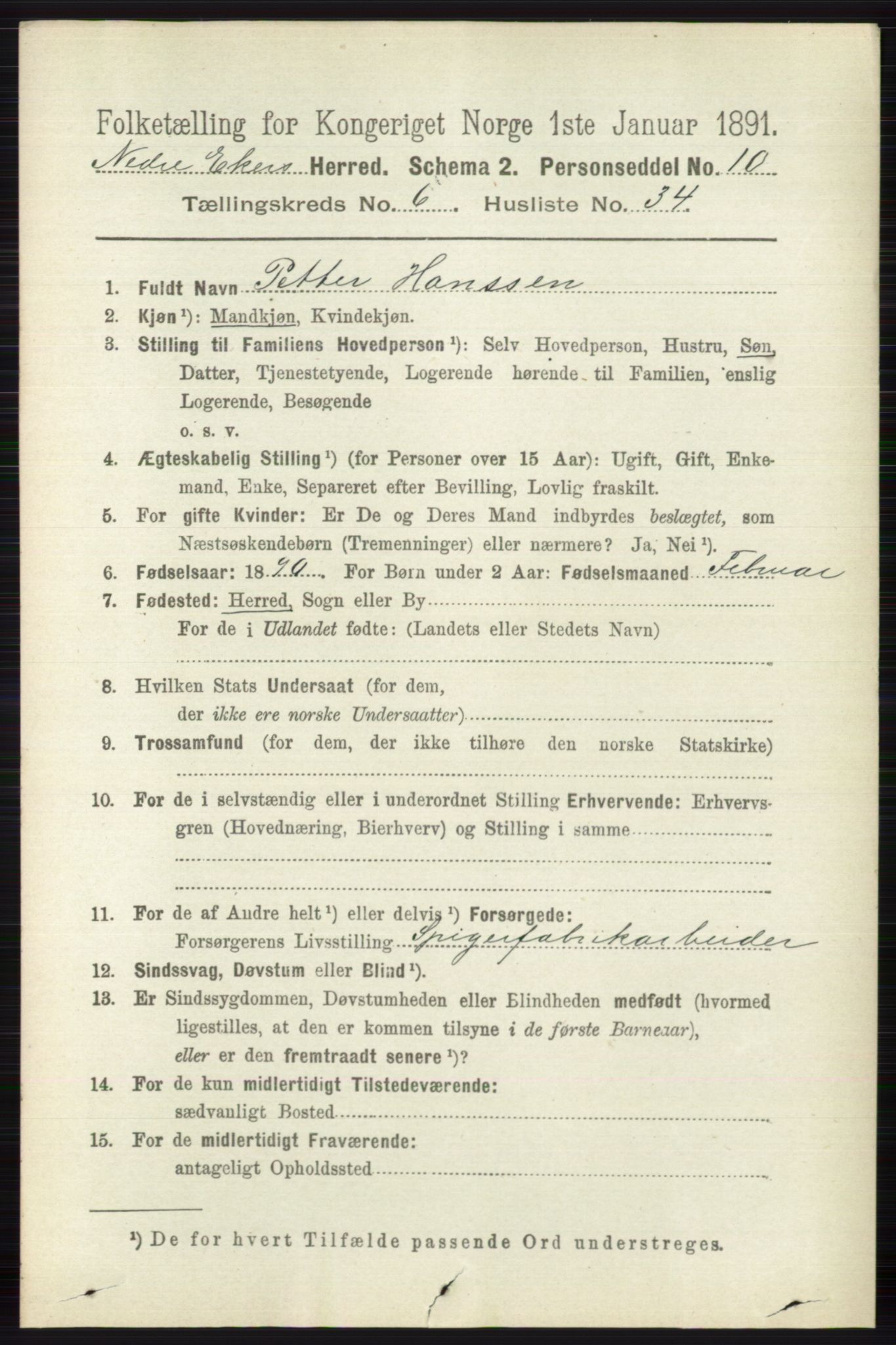 RA, 1891 census for 0625 Nedre Eiker, 1891, p. 3071