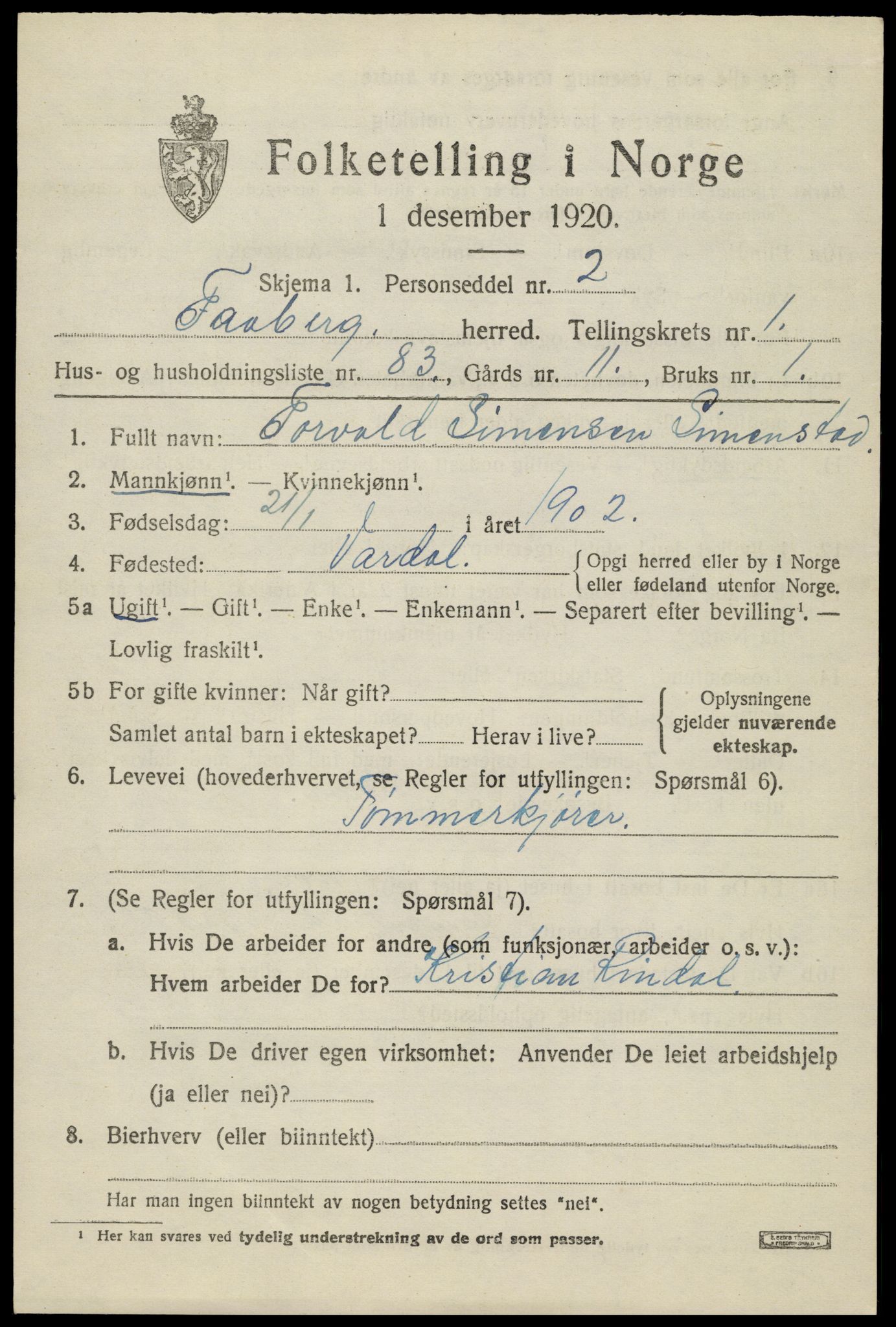 SAH, 1920 census for Fåberg, 1920, p. 3226