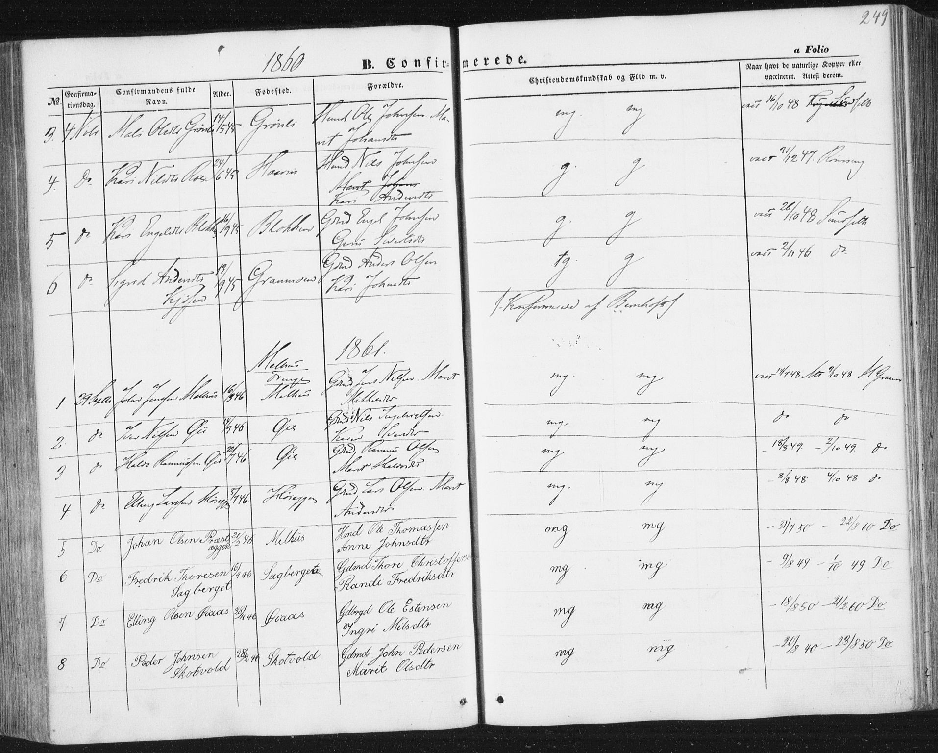 Ministerialprotokoller, klokkerbøker og fødselsregistre - Sør-Trøndelag, SAT/A-1456/691/L1076: Parish register (official) no. 691A08, 1852-1861, p. 249