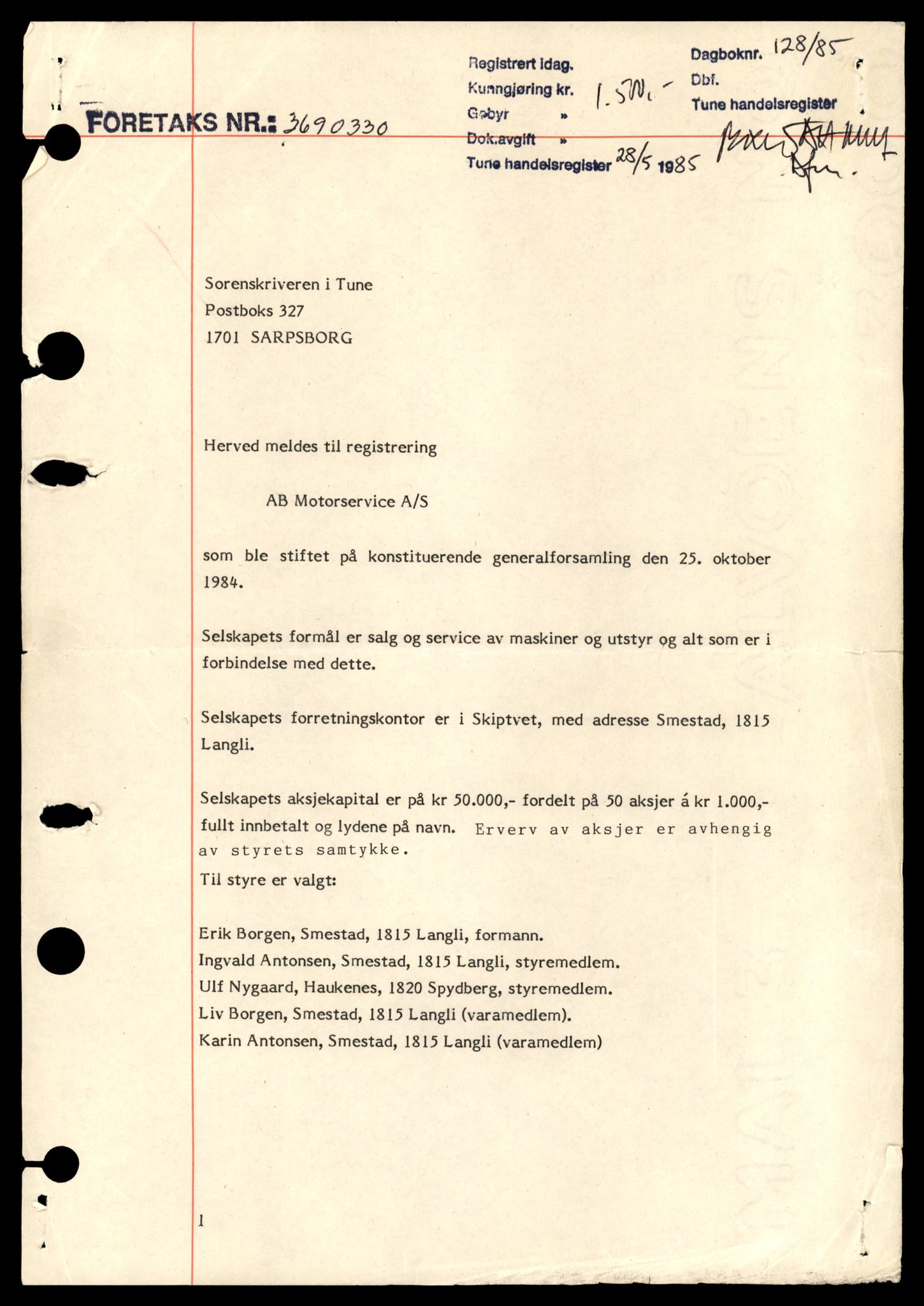 Tune sorenskriveri, SAT/A-10470/K/Kd/Kdc/L0006: Aksjeselskap, A - H, 1944-1990, p. 1