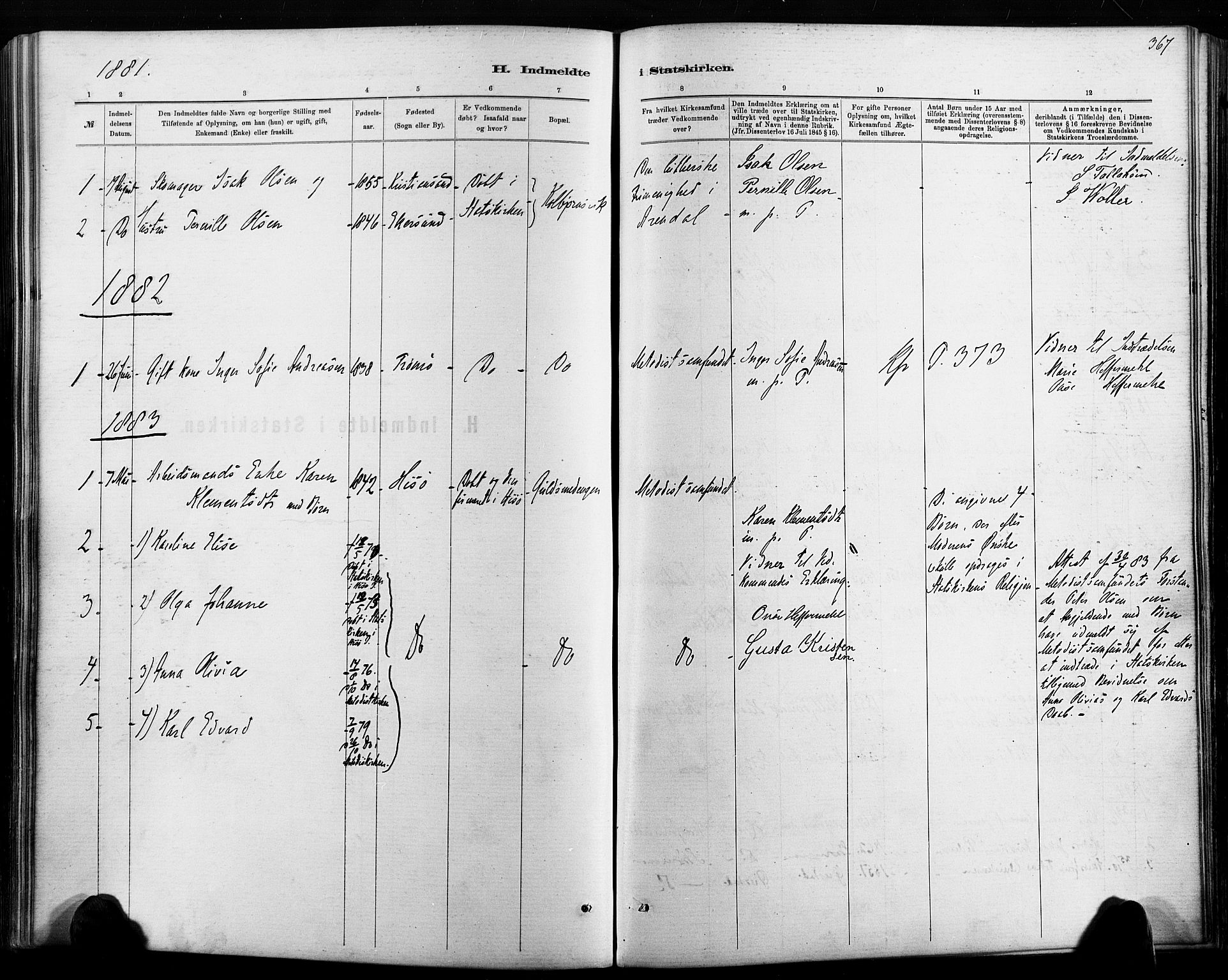 Hisøy sokneprestkontor, AV/SAK-1111-0020/F/Fa/L0003: Parish register (official) no. A 3, 1881-1894, p. 367