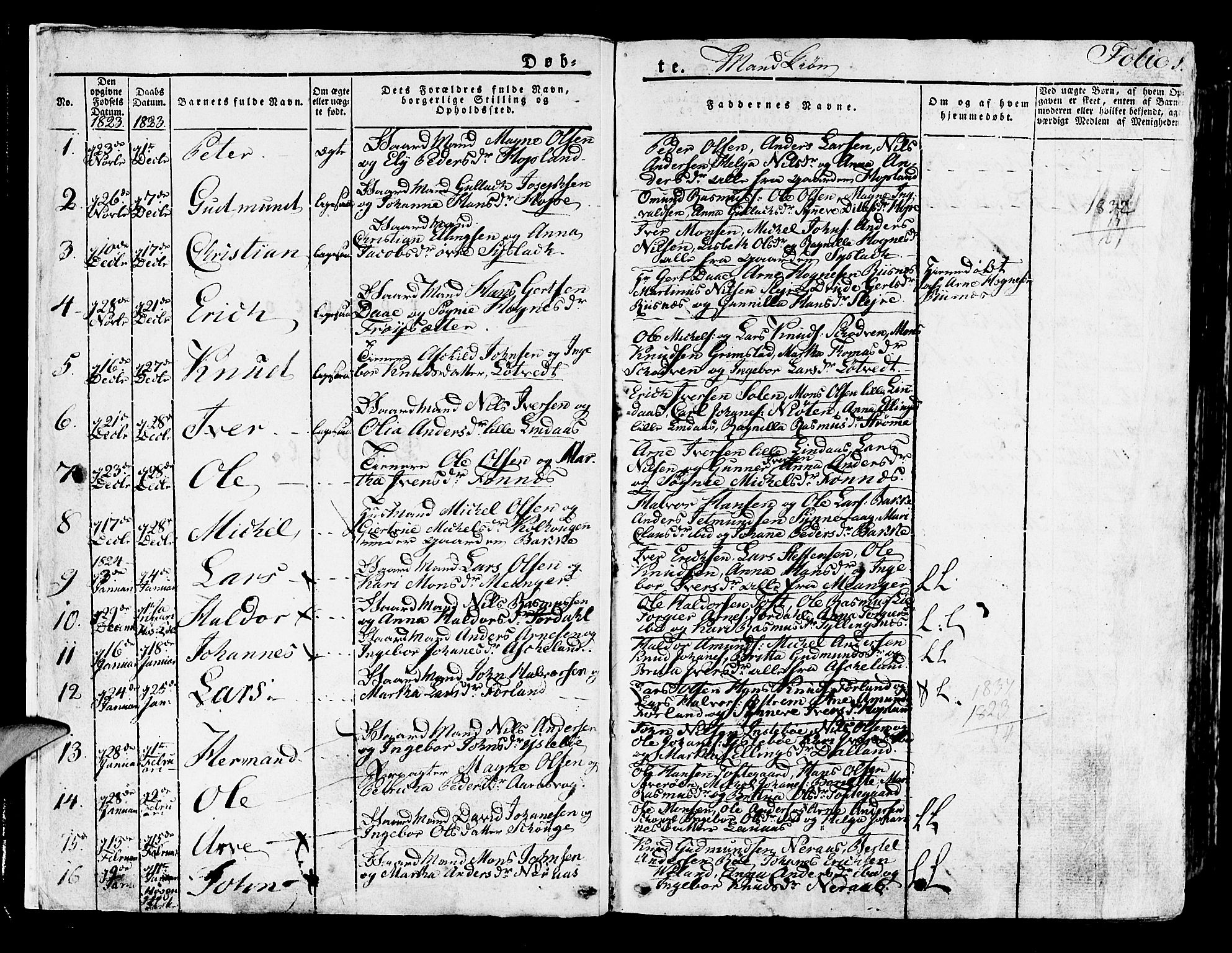 Lindås Sokneprestembete, AV/SAB-A-76701/H/Haa/Haaa/L0008: Parish register (official) no. A 8, 1823-1836, p. 1