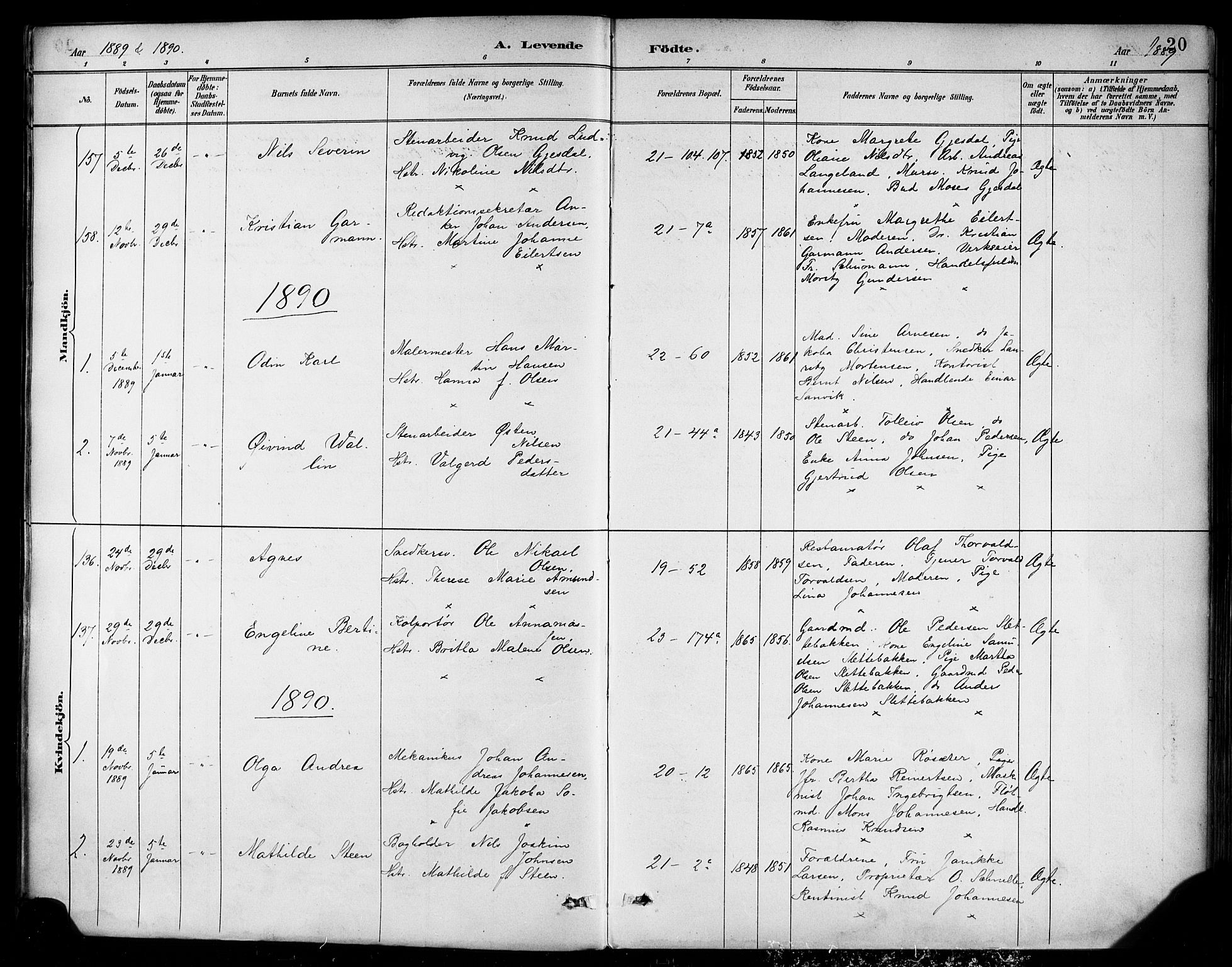 Korskirken sokneprestembete, SAB/A-76101/H/Haa/L0022: Parish register (official) no. B 8, 1889-1899, p. 20