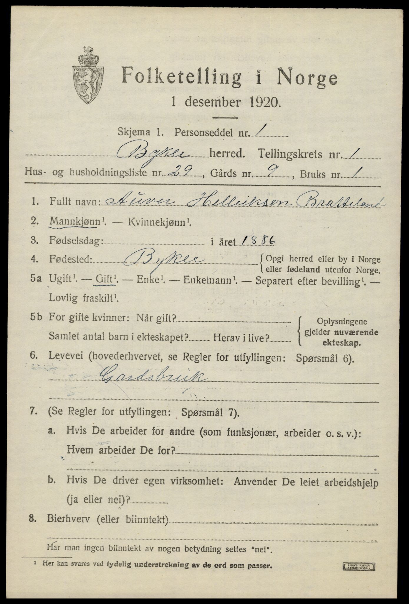 SAK, 1920 census for Bykle, 1920, p. 567