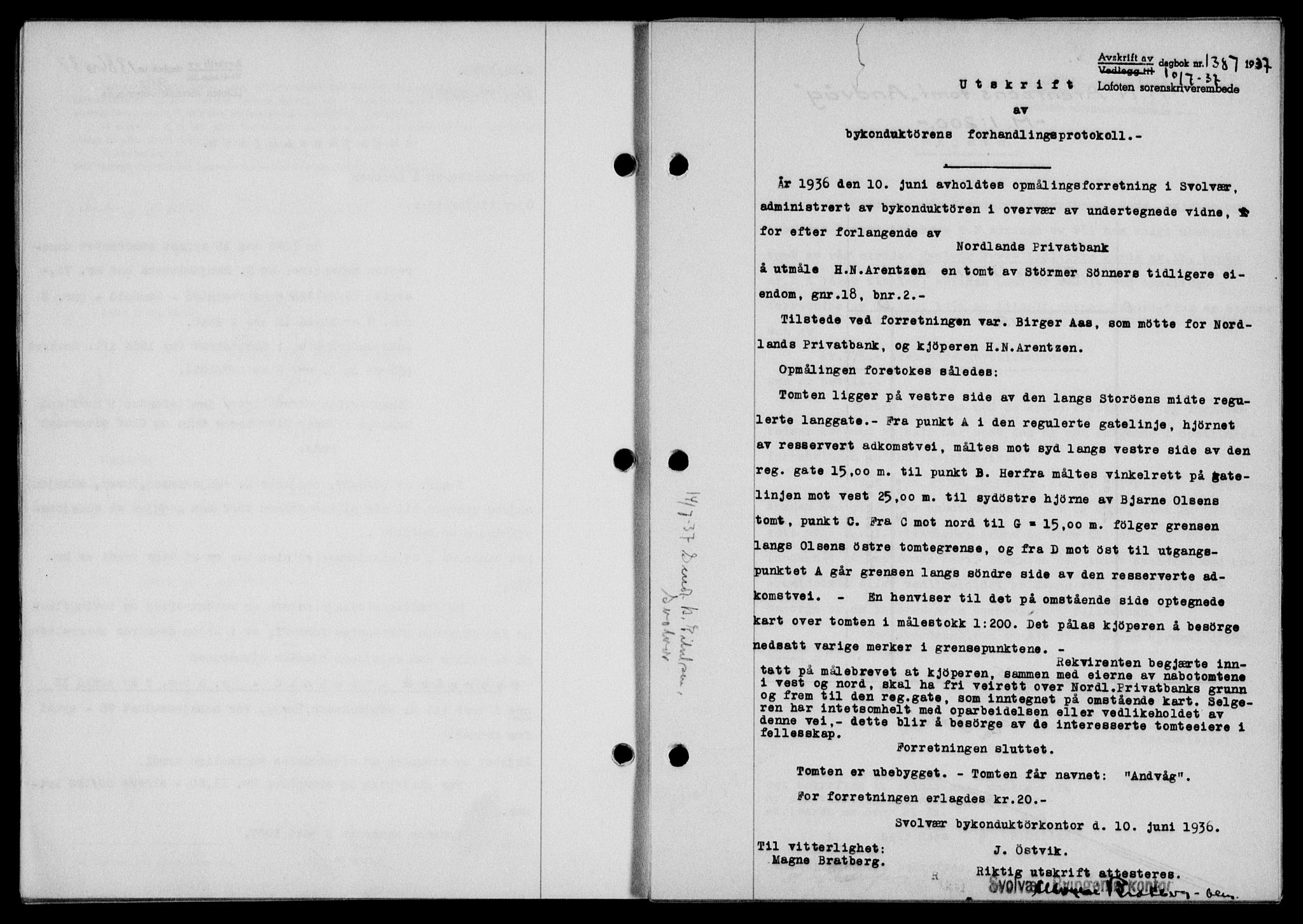 Lofoten sorenskriveri, SAT/A-0017/1/2/2C/L0002a: Mortgage book no. 2a, 1937-1937, Diary no: : 1387/1937