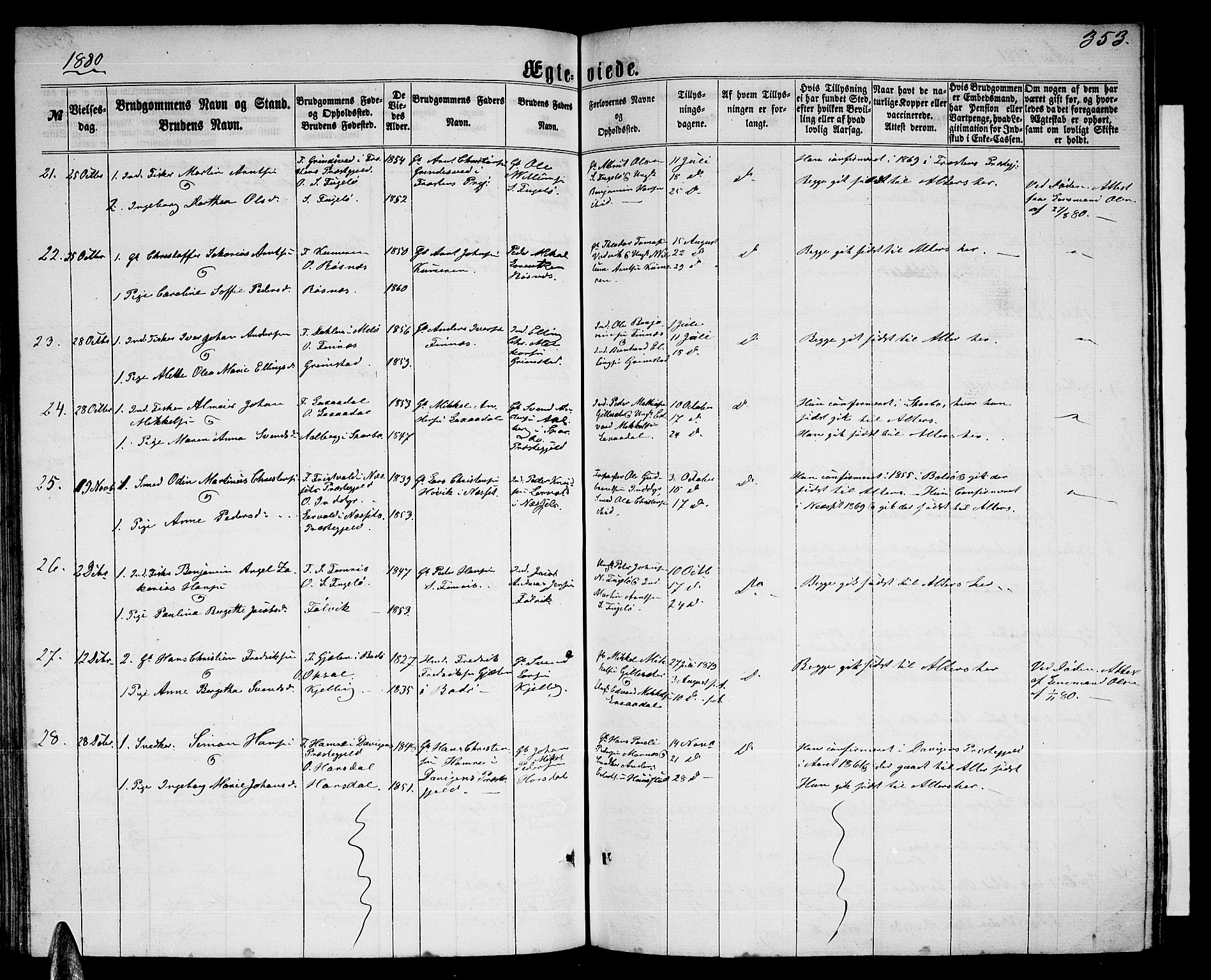 Ministerialprotokoller, klokkerbøker og fødselsregistre - Nordland, AV/SAT-A-1459/805/L0107: Parish register (copy) no. 805C03, 1862-1885, p. 353