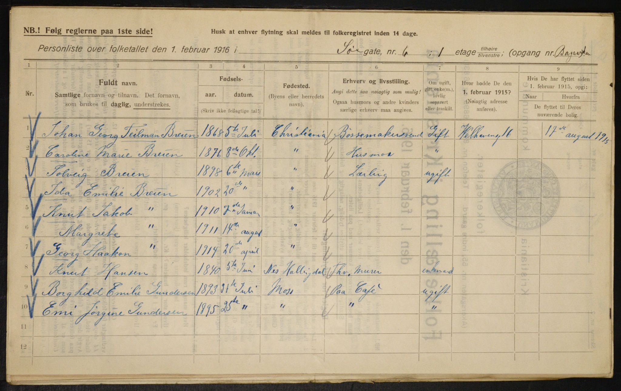 OBA, Municipal Census 1916 for Kristiania, 1916, p. 97569