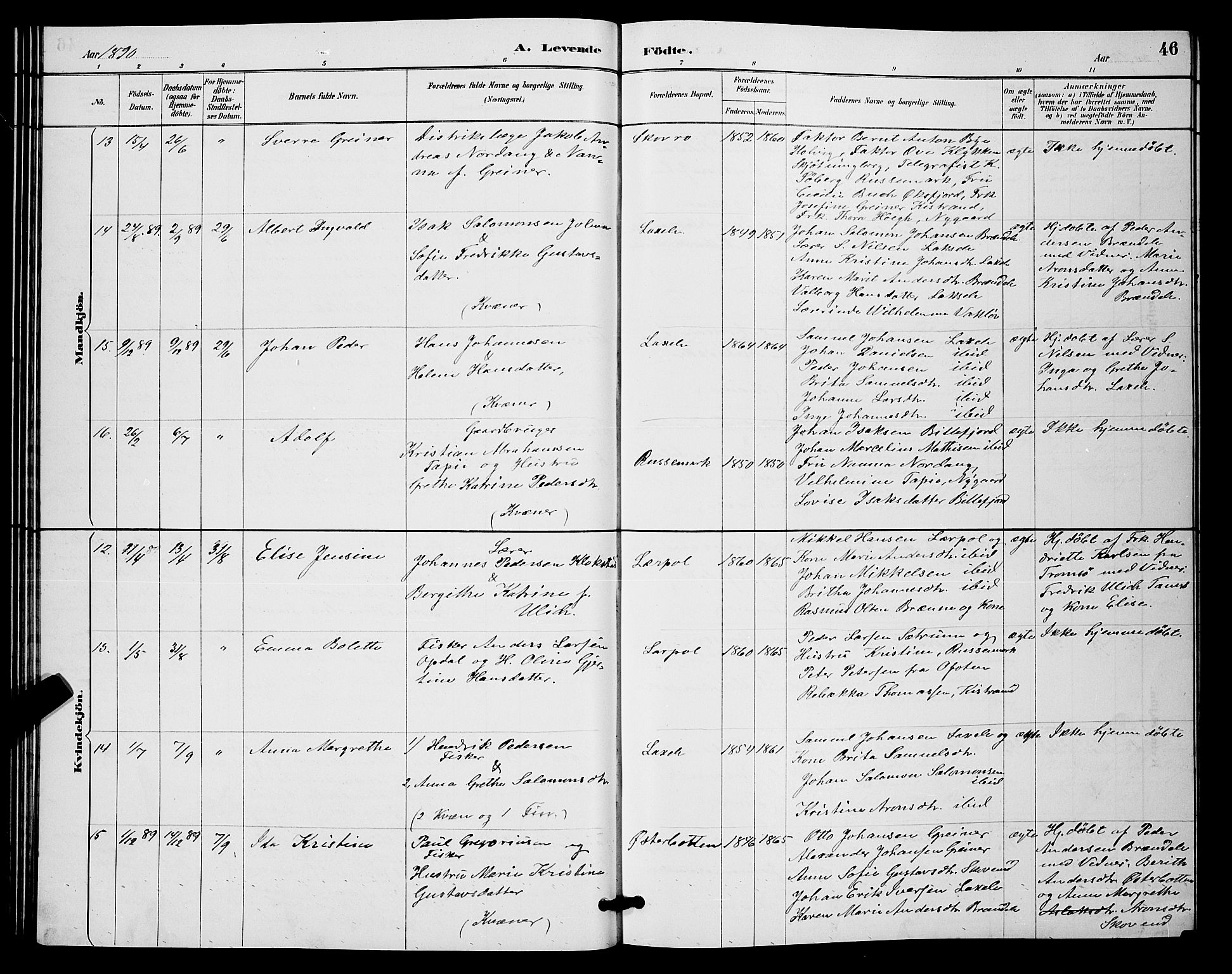 Kistrand/Porsanger sokneprestembete, AV/SATØ-S-1351/H/Hb/L0004.klokk: Parish register (copy) no. 4, 1885-1894, p. 46