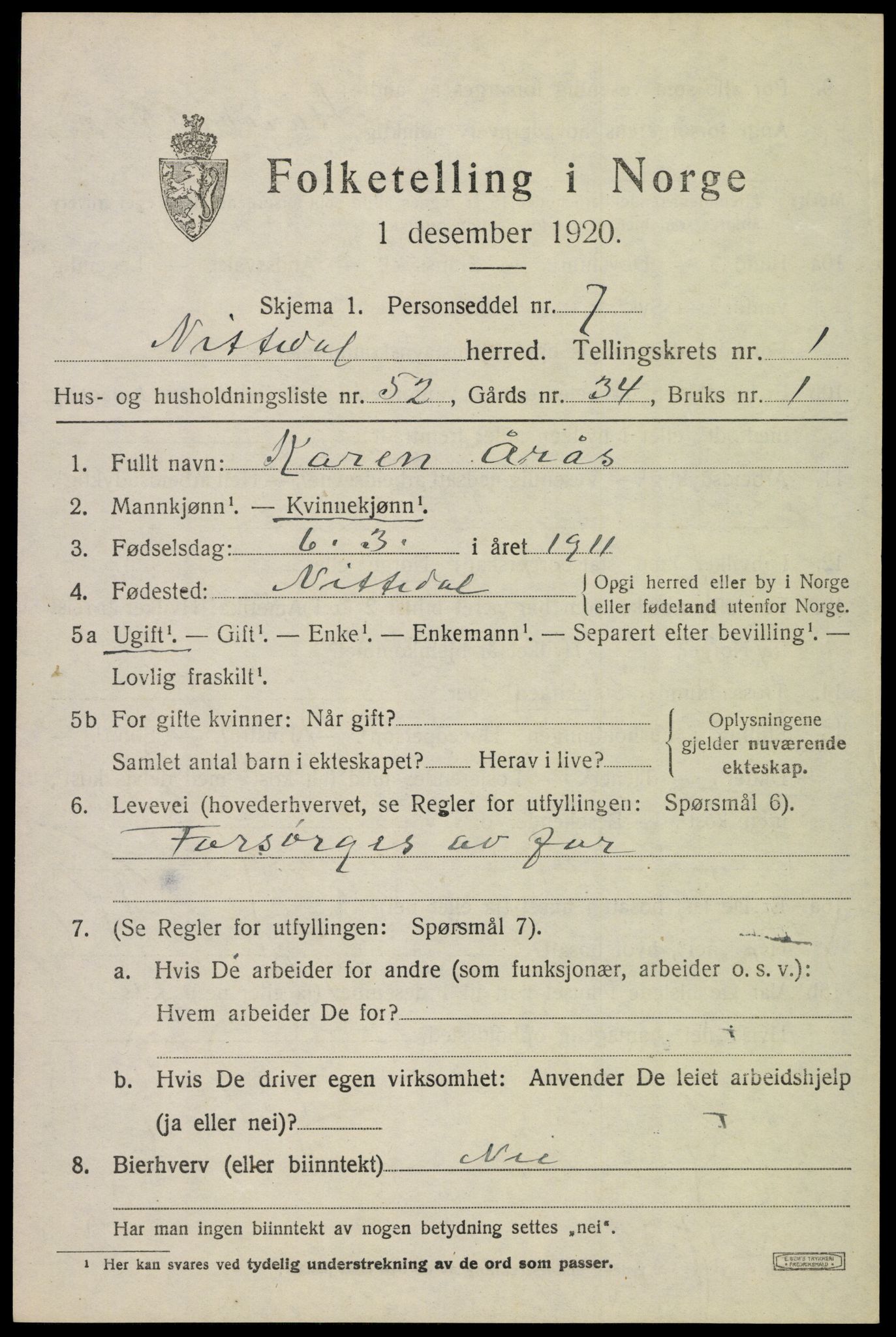SAO, 1920 census for Nittedal, 1920, p. 1824